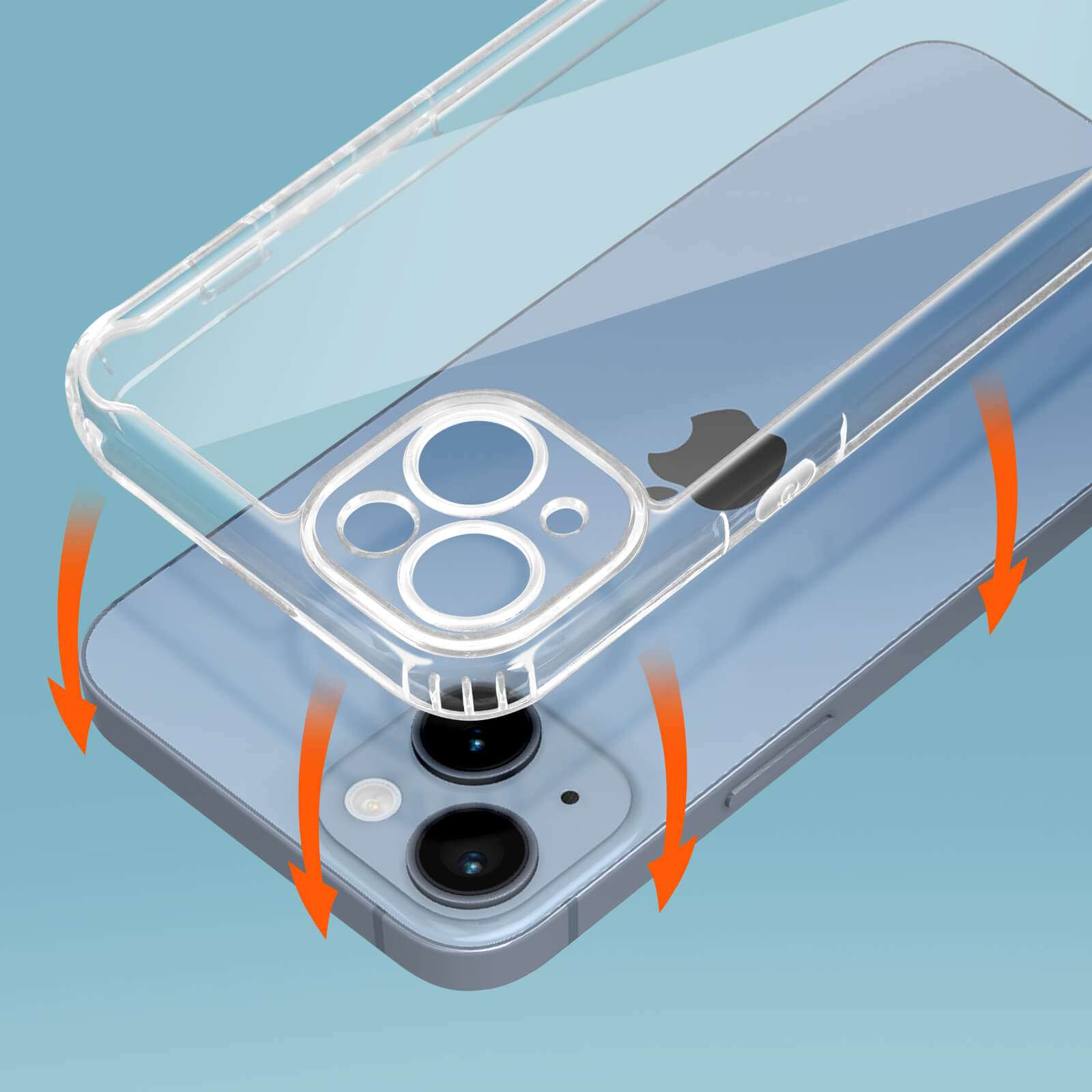 Custodia trasparente per telefono su un telefono blu con frecce di installazione.