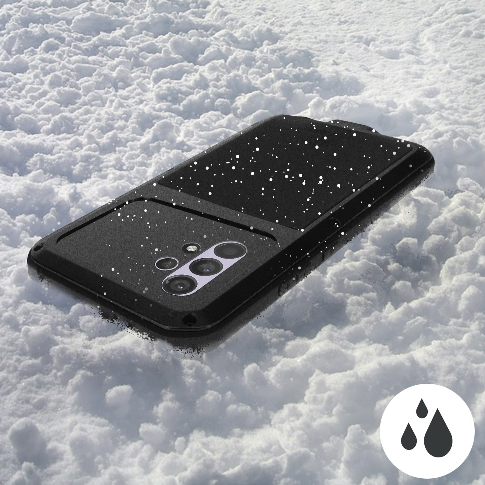 Custodia nera per telefono sulla neve, con icona della goccia d'acqua.