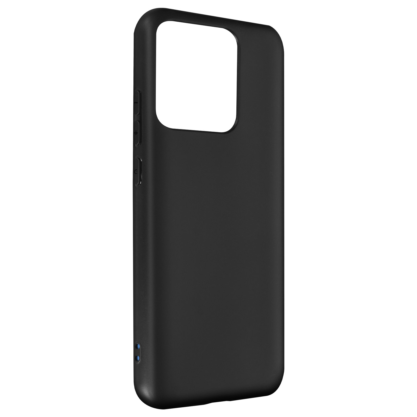 Custodia nera per telefono con ritaglio per fotocamera su sfondo bianco.
