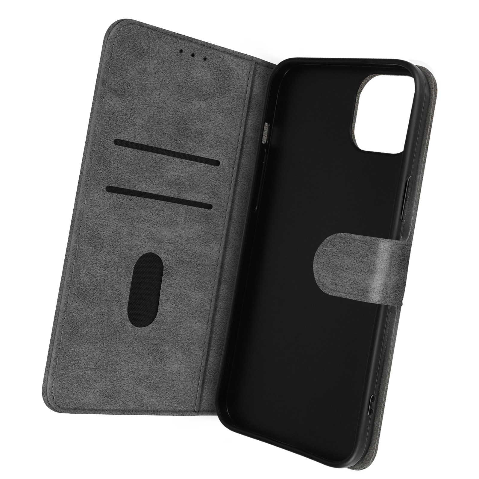 Custodia per telefono aperta con esterno grigio. Interno nero. Con scomparti per carte e chiusura magnetica.