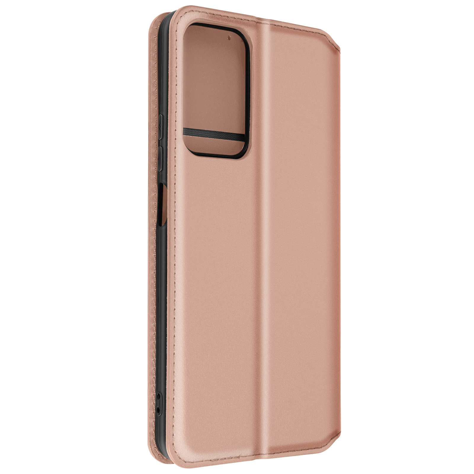 Custodia per telefono rosa in stile portafoglio, chiusa. Ha un ritaglio per la fotocamera e una chiusura magnetica.