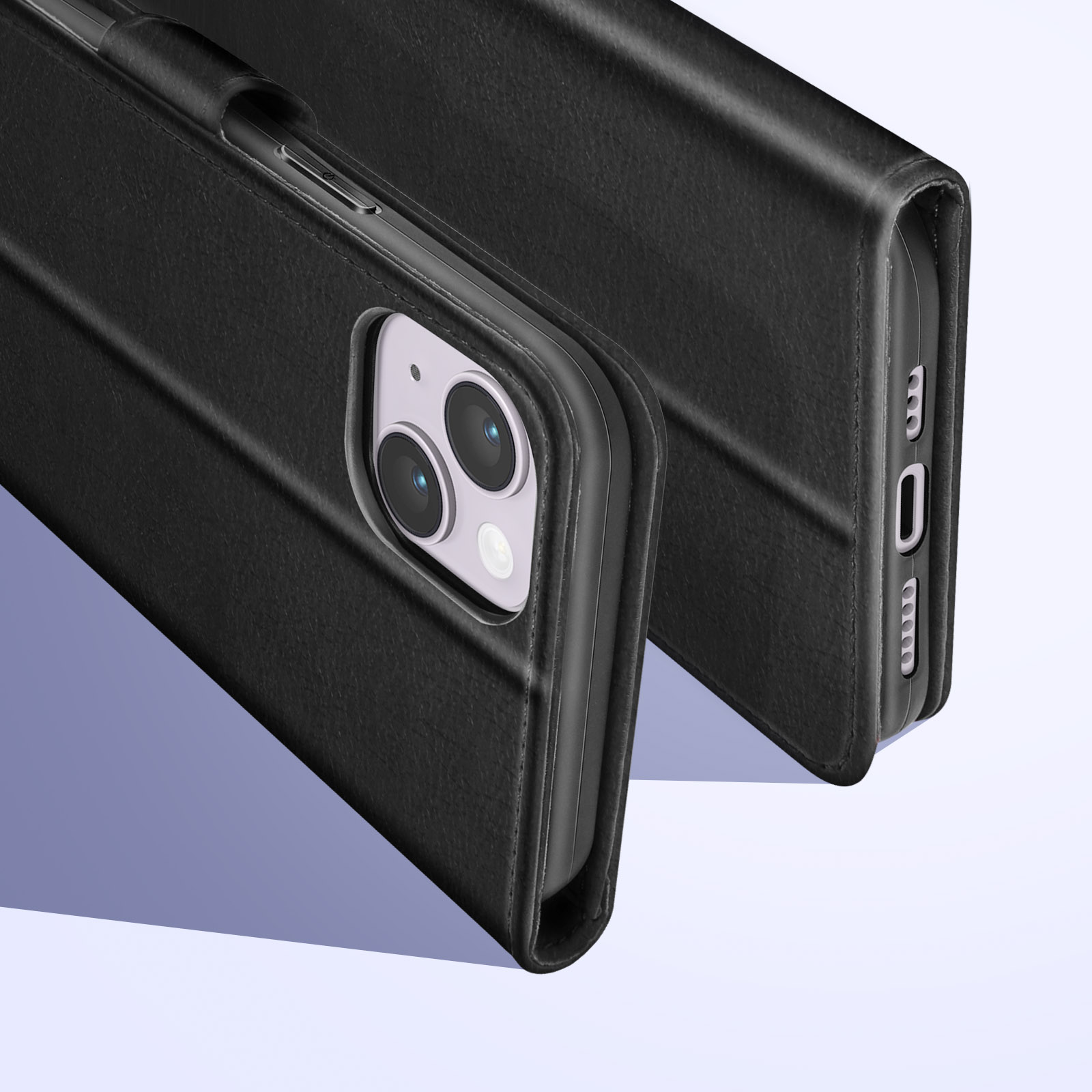 Zwarte telefoonhoes, twee delen zichtbaar, met de achterkant van een iPhone erin.
