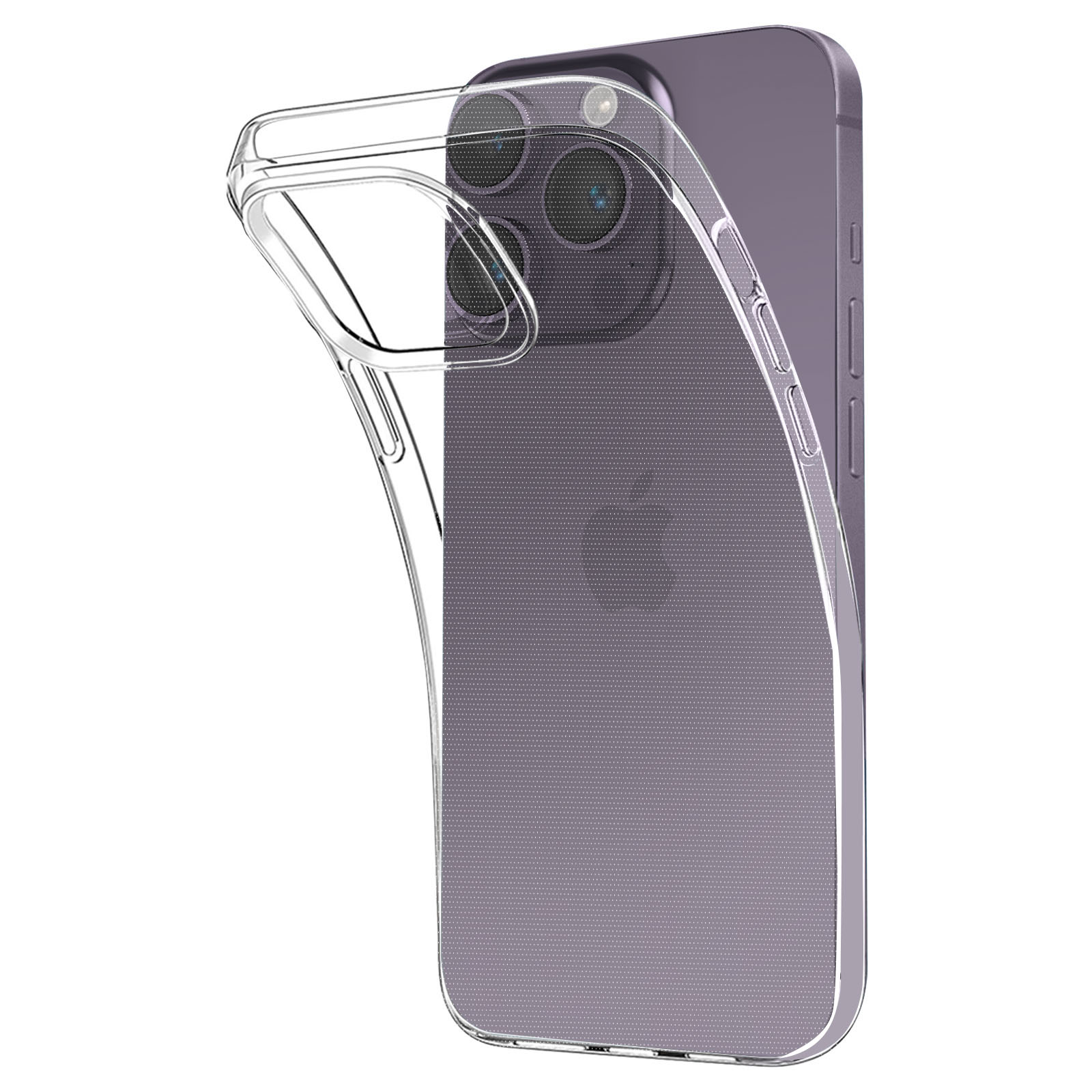 Une coque de téléphone transparente sur un téléphone violet. Les lentilles de la caméra sont visibles.