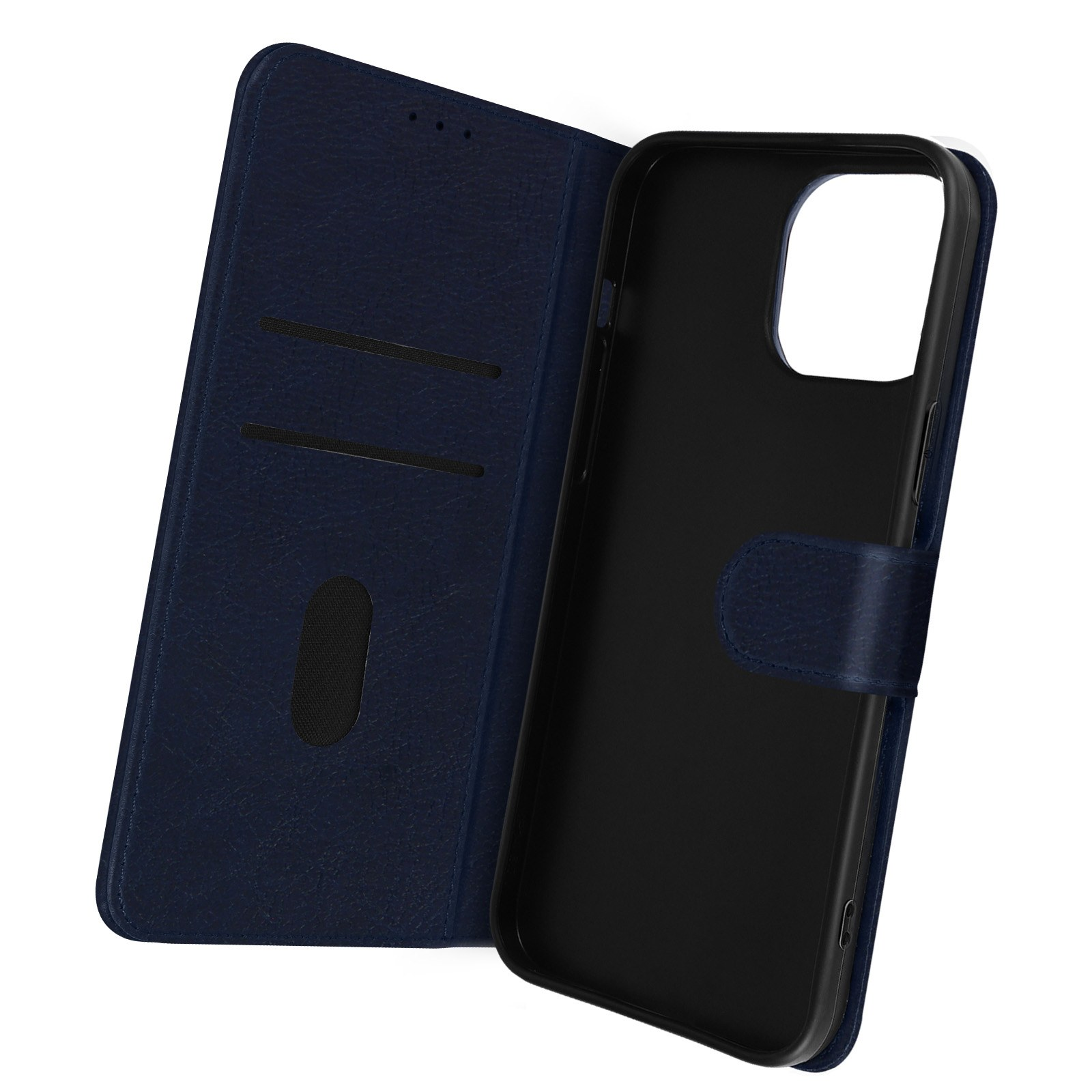 Étui de téléphone en cuir bleu, ouvert pour révéler un téléphone. L'étui a des fentes pour les cartes.