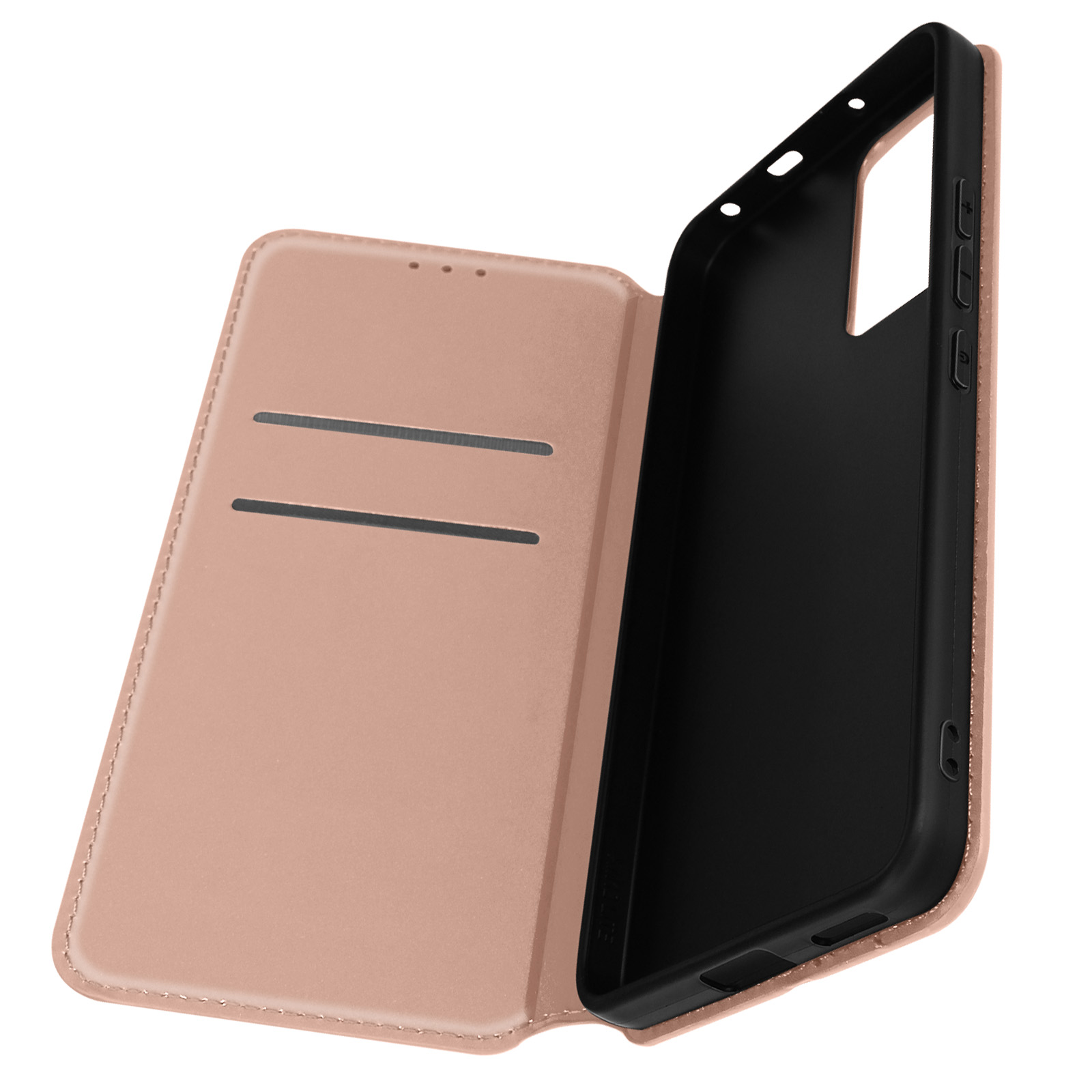 Custodia per telefono aperta color pesca con interno nero. Ha fessure per carte e chiusura magnetica.