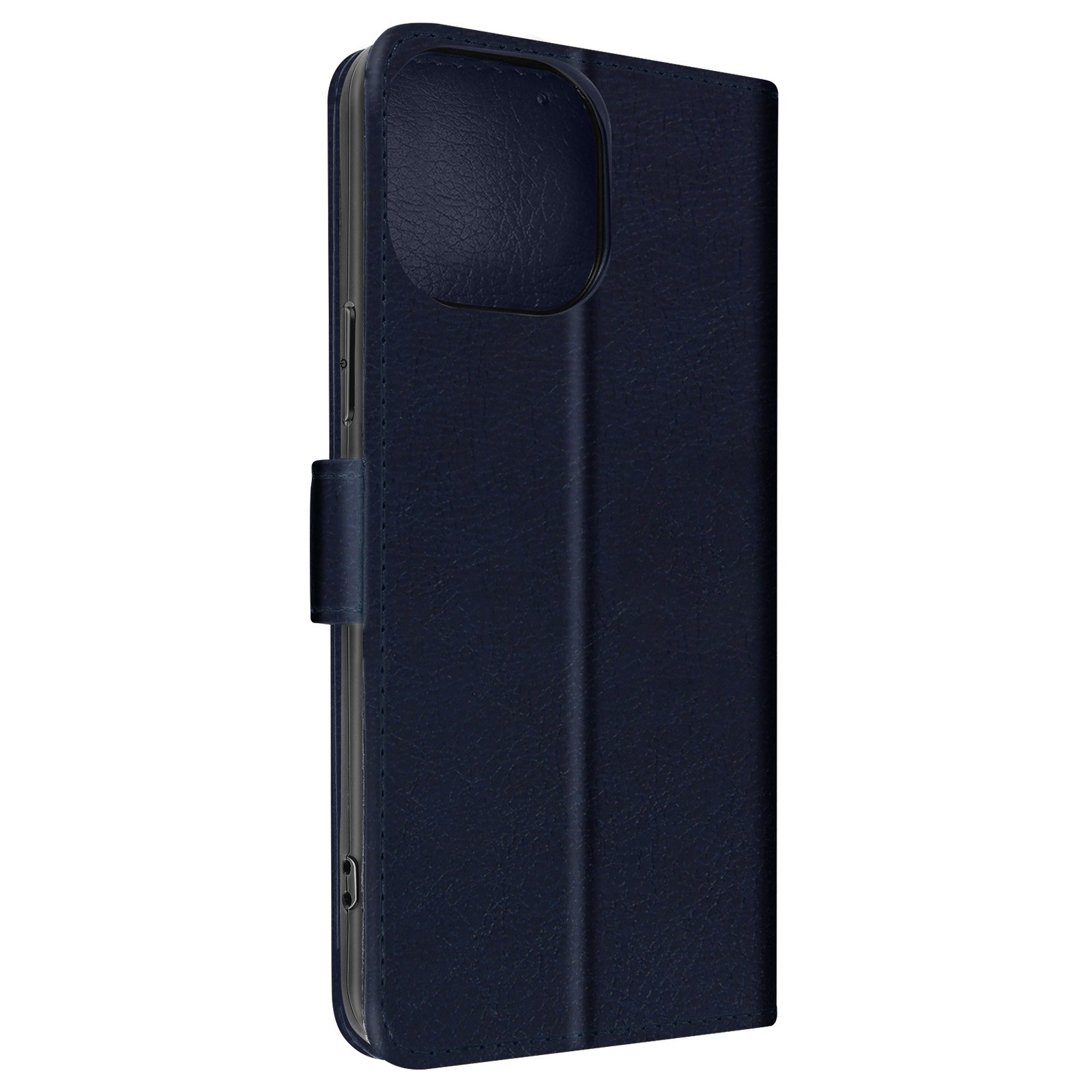 Un étui de téléphone bleu marine fermé, avec rabat et fermoir.