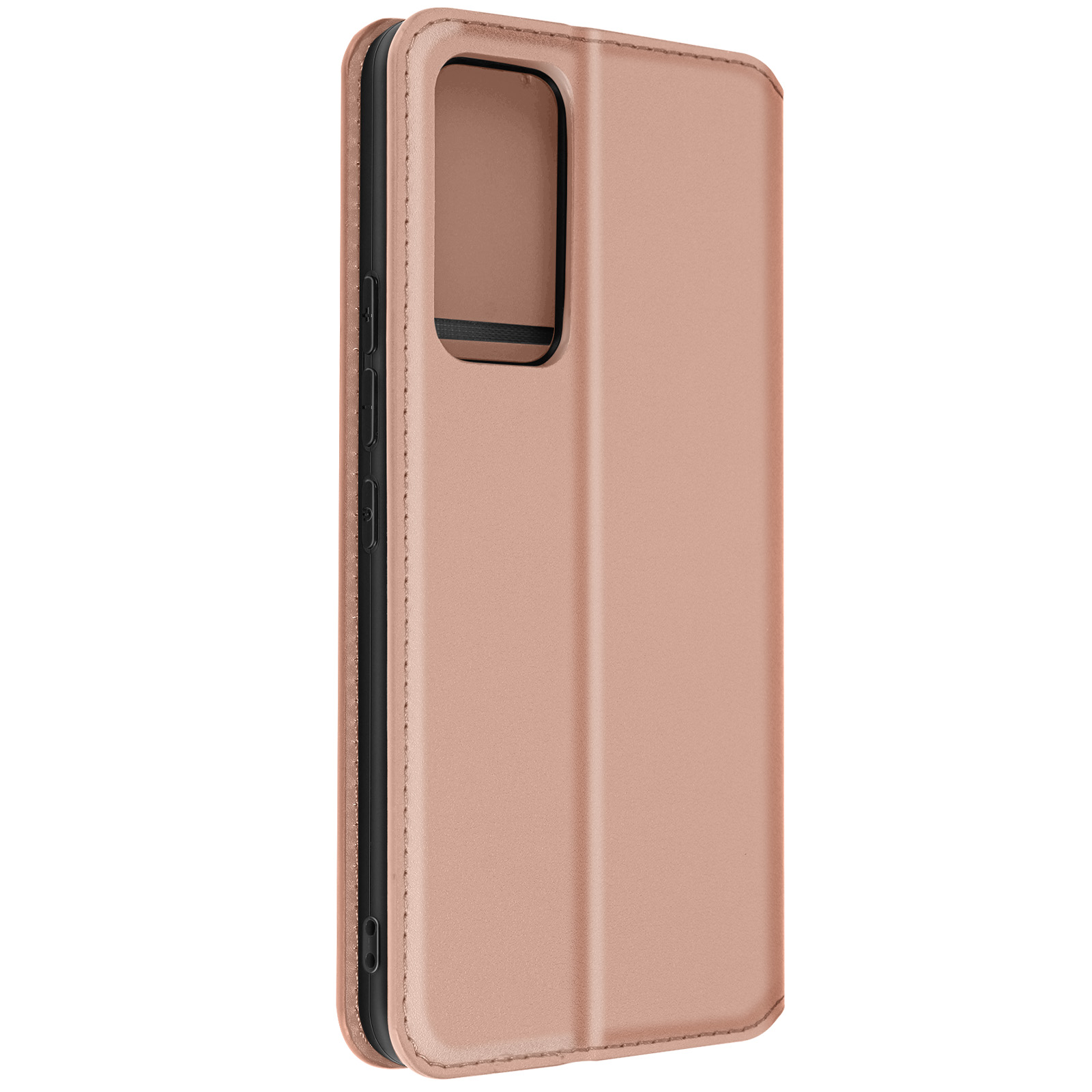 Una custodia per telefono color oro rosa. È chiusa e ha un ritaglio per la fotocamera sul retro.
