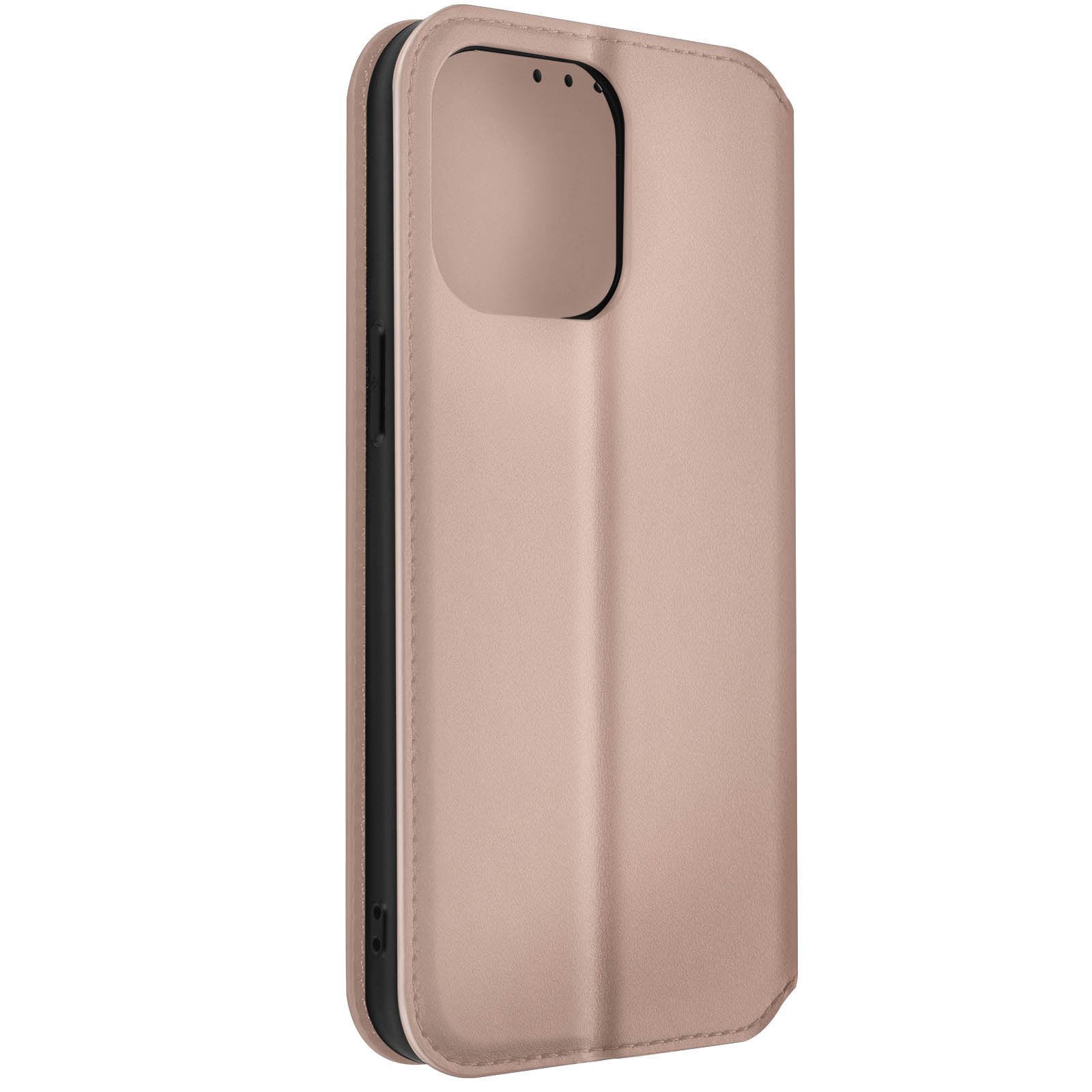 Een roze telefoonhoes, gesloten, met een uitsparing voor de camera. Het staat op een witte achtergrond.