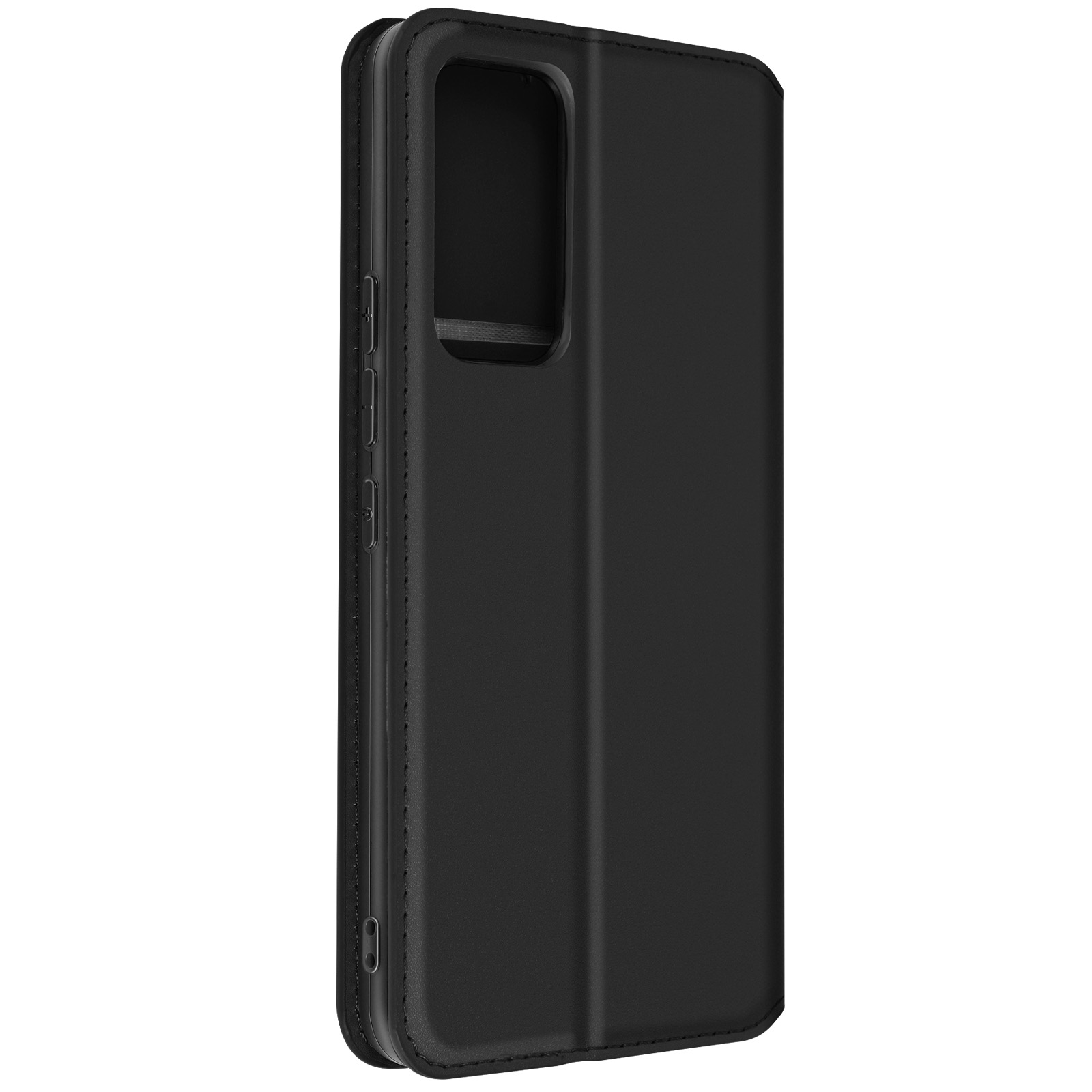 Una custodia per telefono nera, chiusa, con un telefono visibile all'interno. La custodia è simile alla pelle.