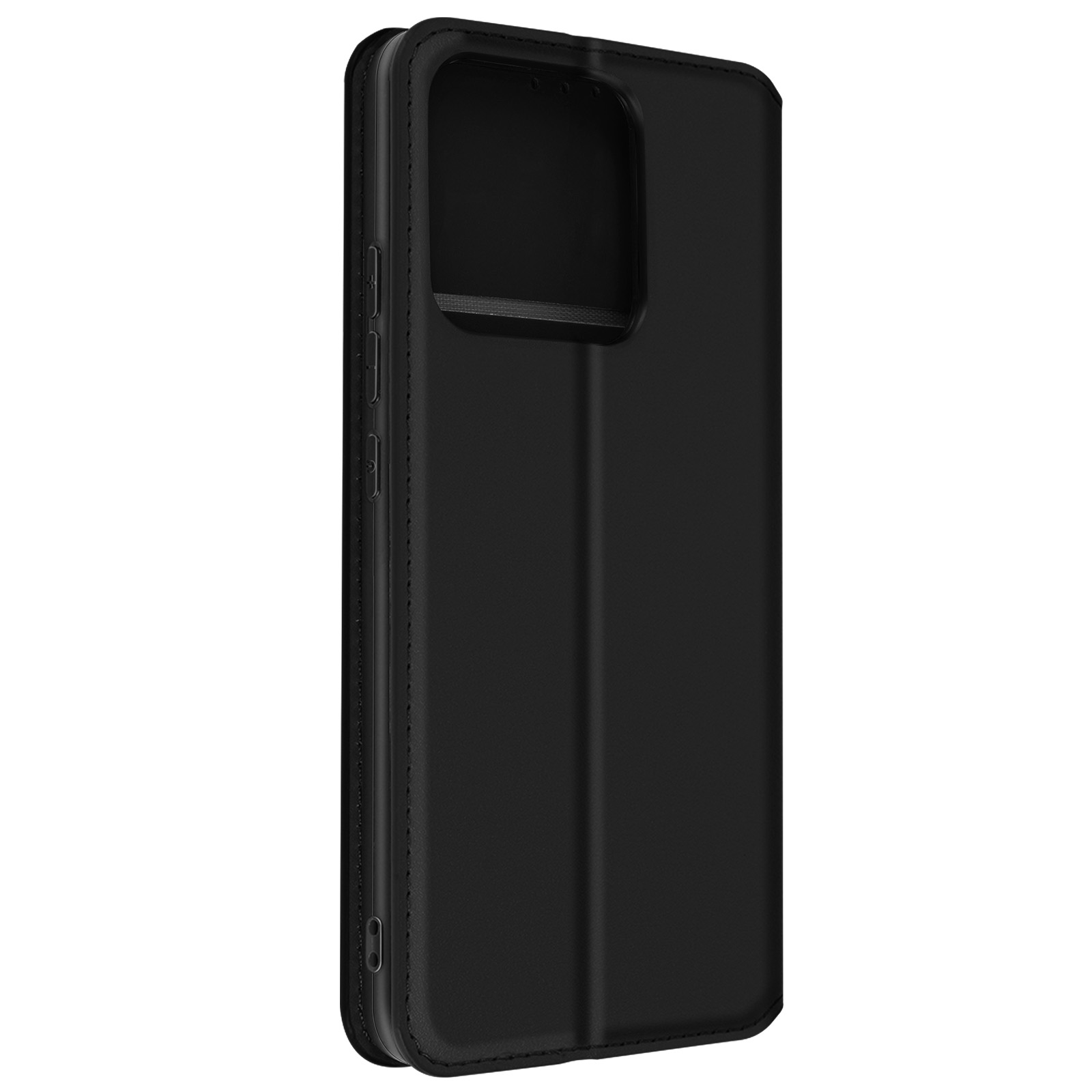 Eine schwarze Handyhülle. Die Hülle ist geschlossen und hat eine strukturierte Oberfläche. Der Hintergrund ist weiß.