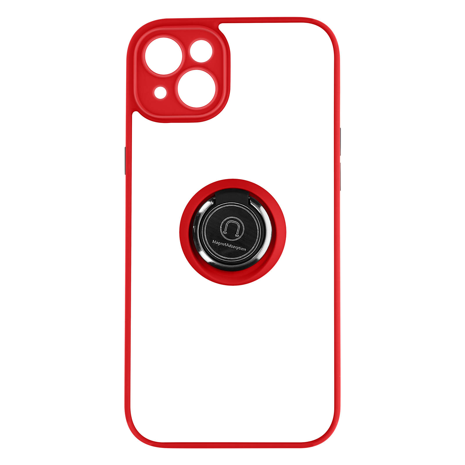 Coque de téléphone rouge avec anneau, fond blanc et zone de caméra noire.
