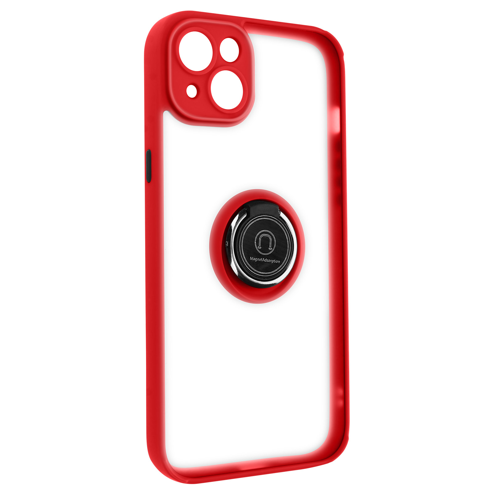 Coque de téléphone rouge avec dos transparent et support d'anneau argenté.