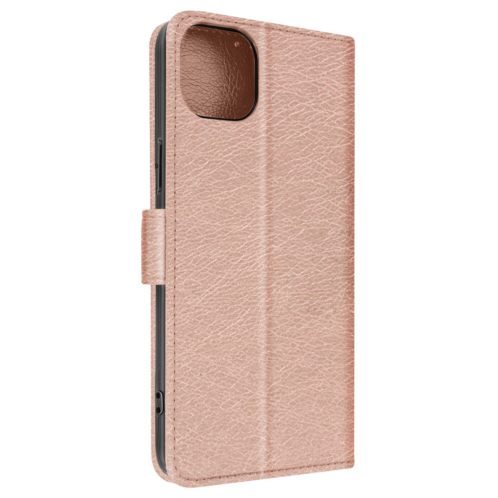 Una custodia rosa per telefono con una texture in pelle. Il telefono è all'interno e la custodia è aperta.