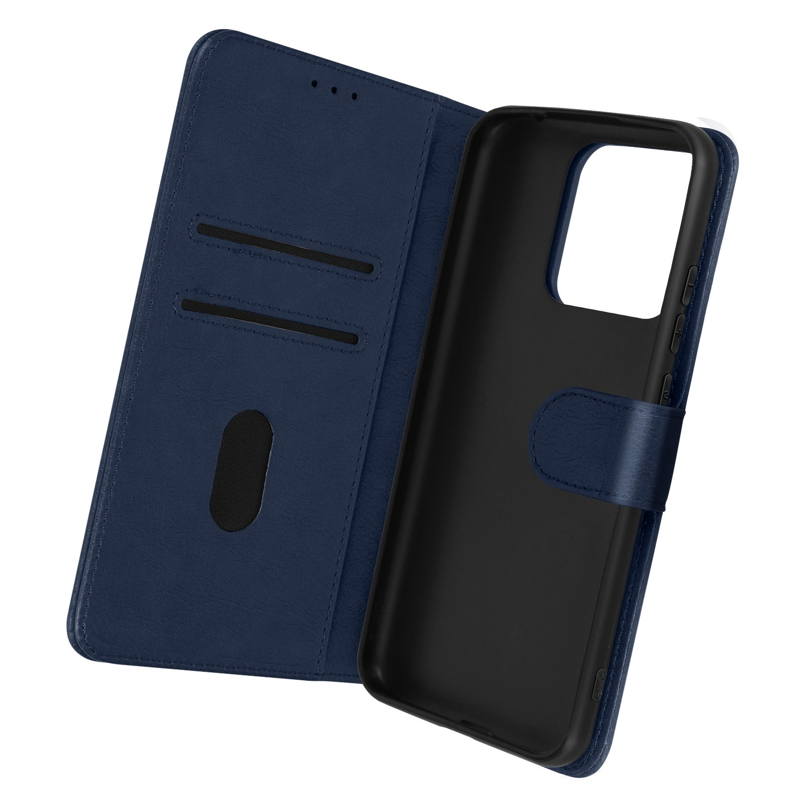 Custodia per telefono blu, aperta, che mostra l'interno del telefono, con slot per schede, sfondo bianco.