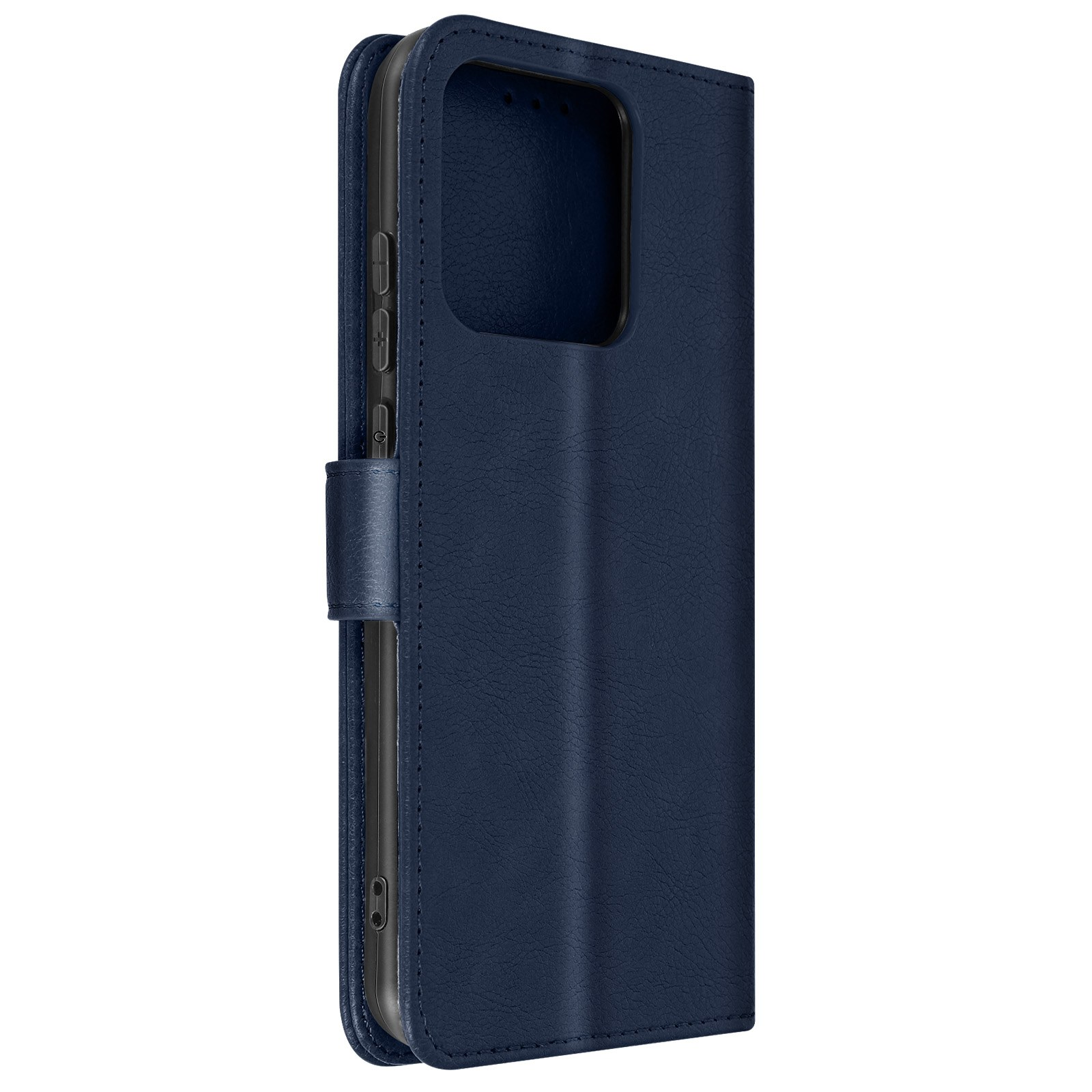Custodia blu navy con un telefono all'interno, che mostra i pulsanti e lo schermo.