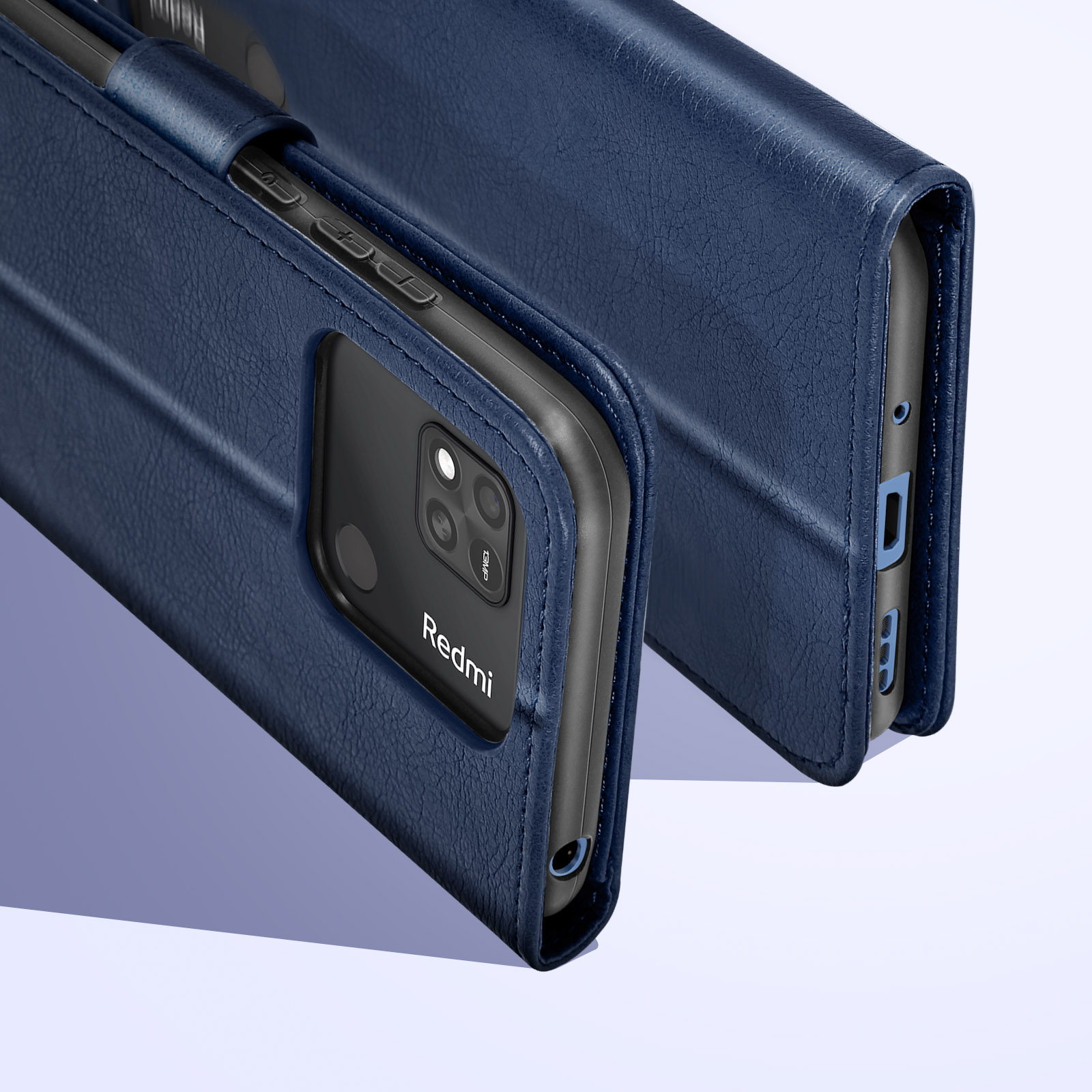 Custodia per telefono blu. Custodia in pelle blu con la parola Redmi. Sfondo bianco.