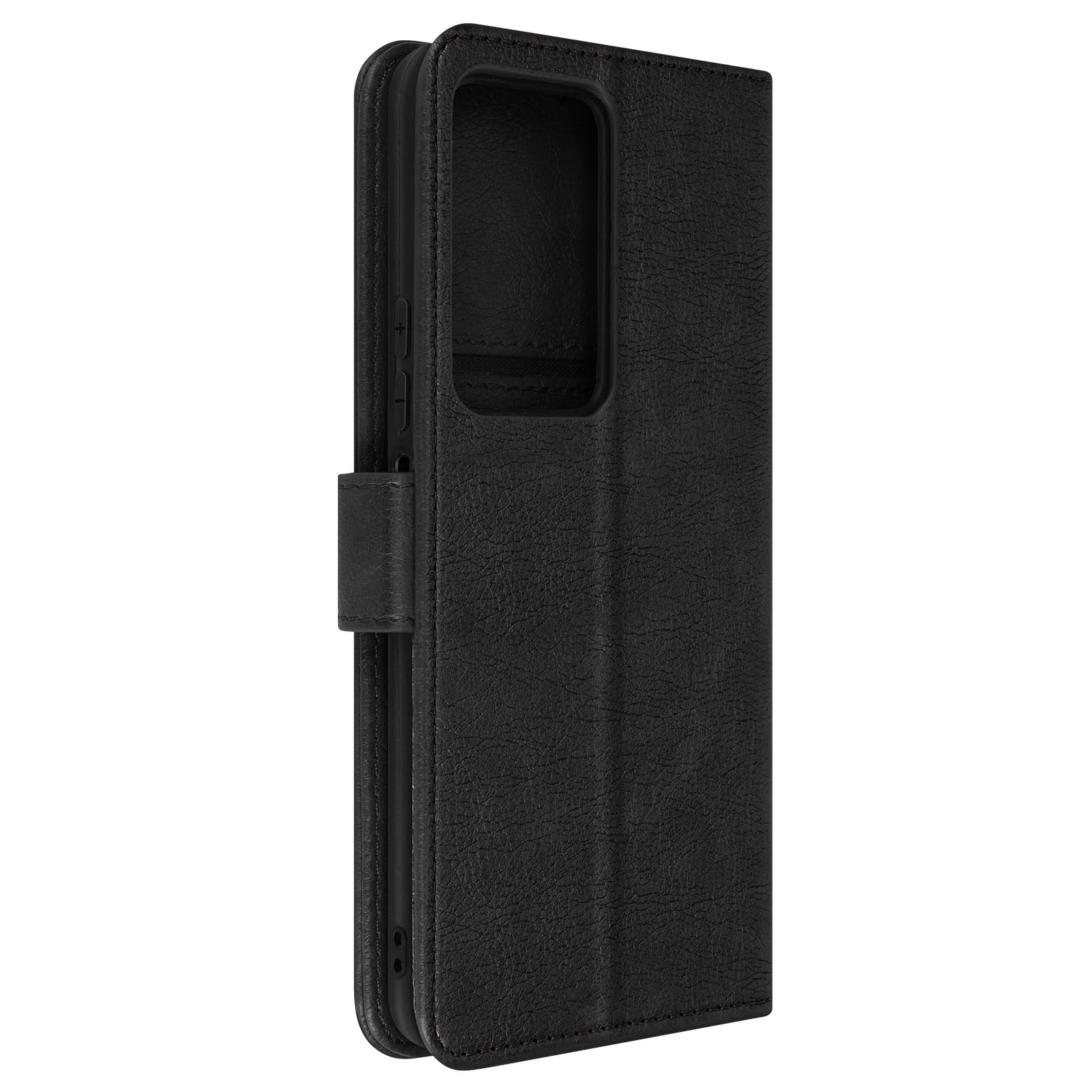 Custodia per telefono in pelle nera, chiusa, con chiusura magnetica.