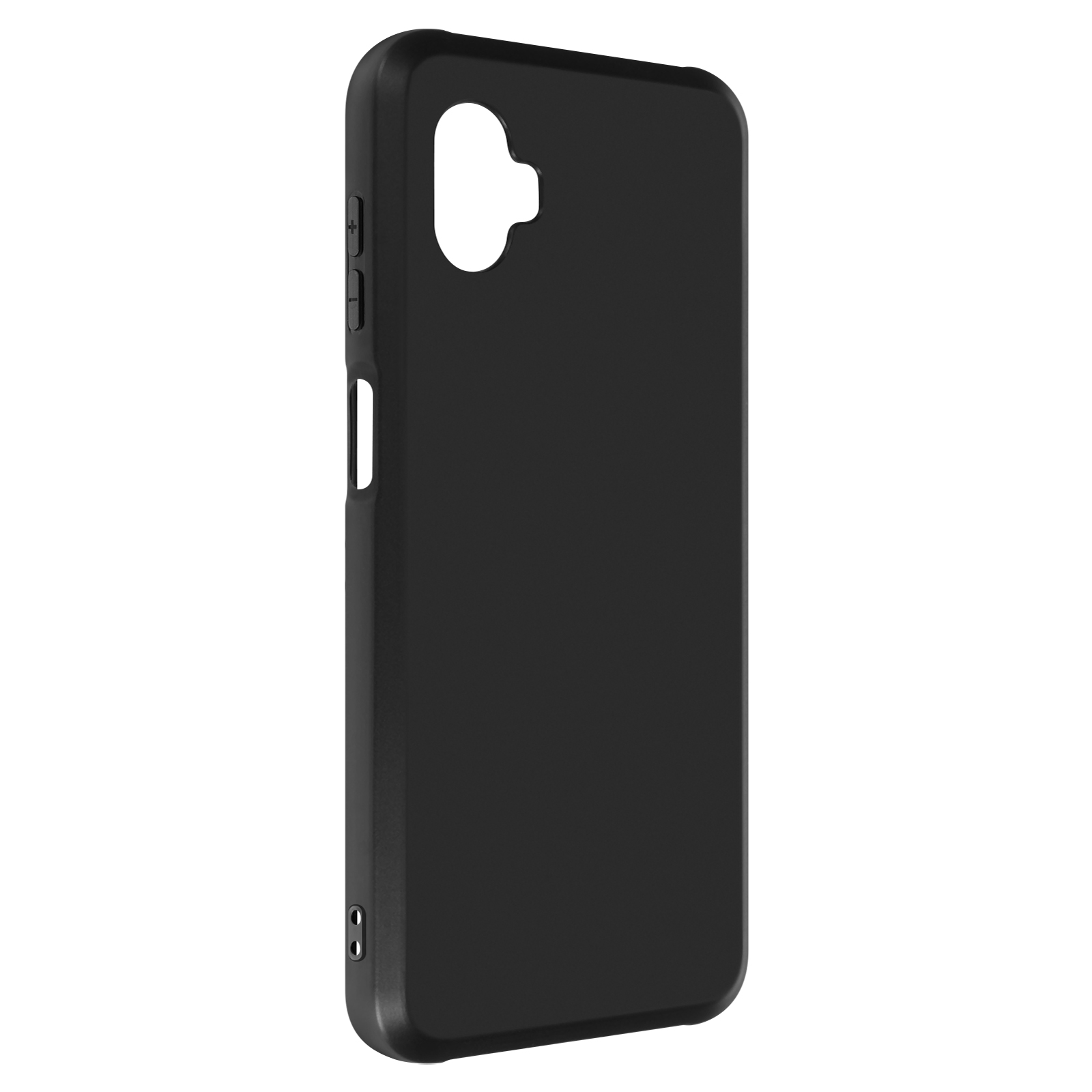 Zwarte telefoonhoes, met de zijkant met knoppen en oplaadpoort.