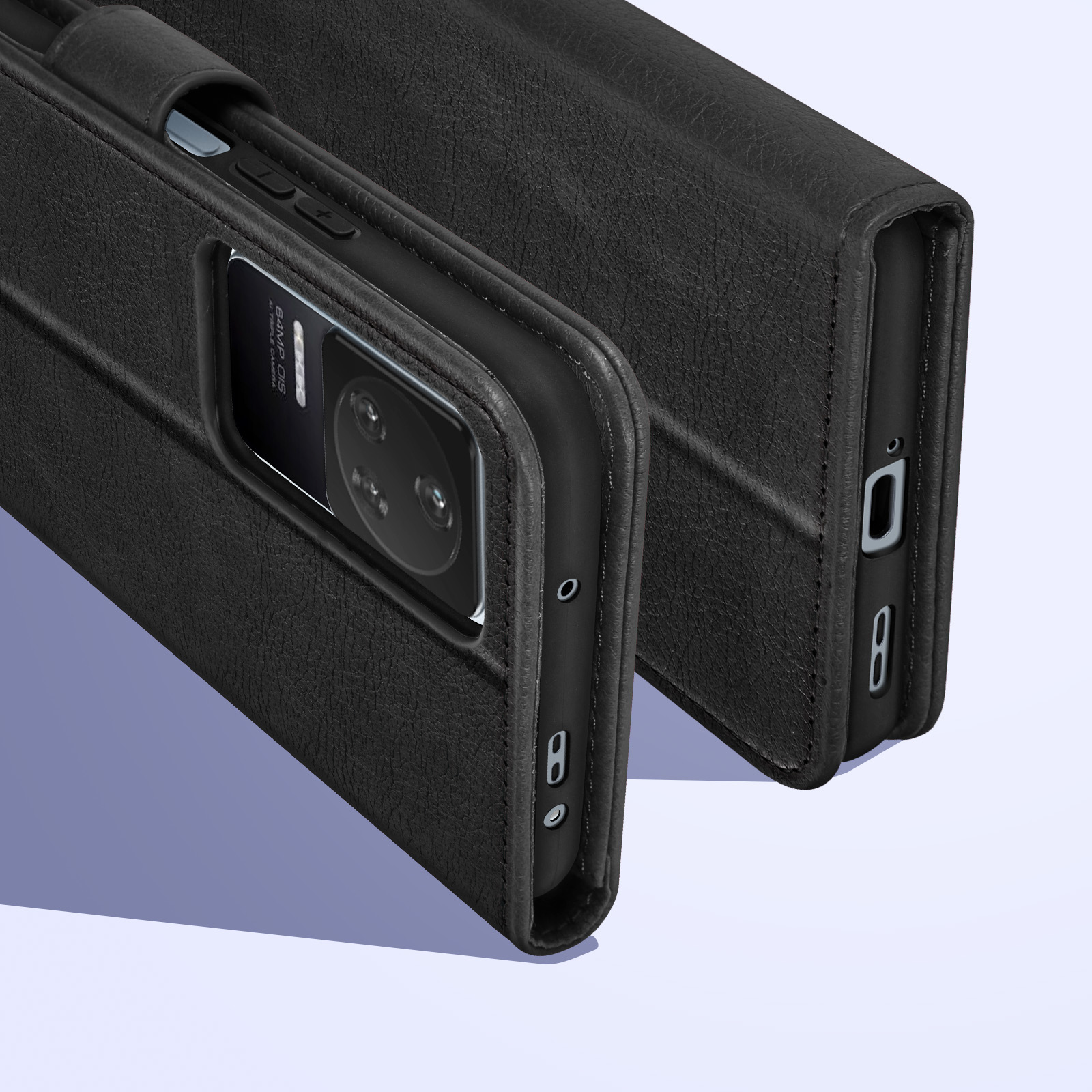 Custodia nera per telefono con fotocamera e pulsanti. Un'altra custodia è aperta.