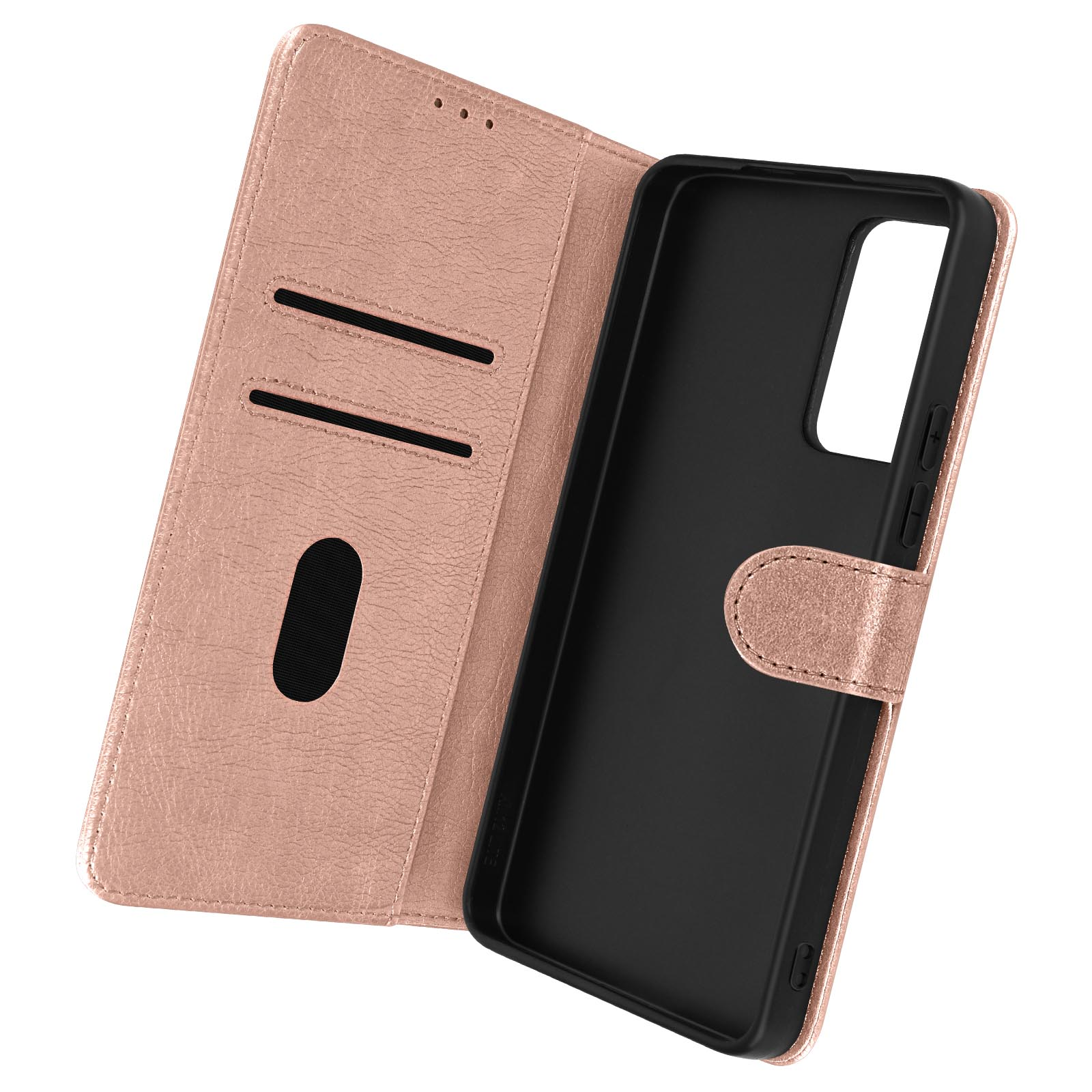 Roze gouden telefoonhoes, open, met een zwarte telefoonhoes. De hoes is leerachtig en heeft kaartsleuven.