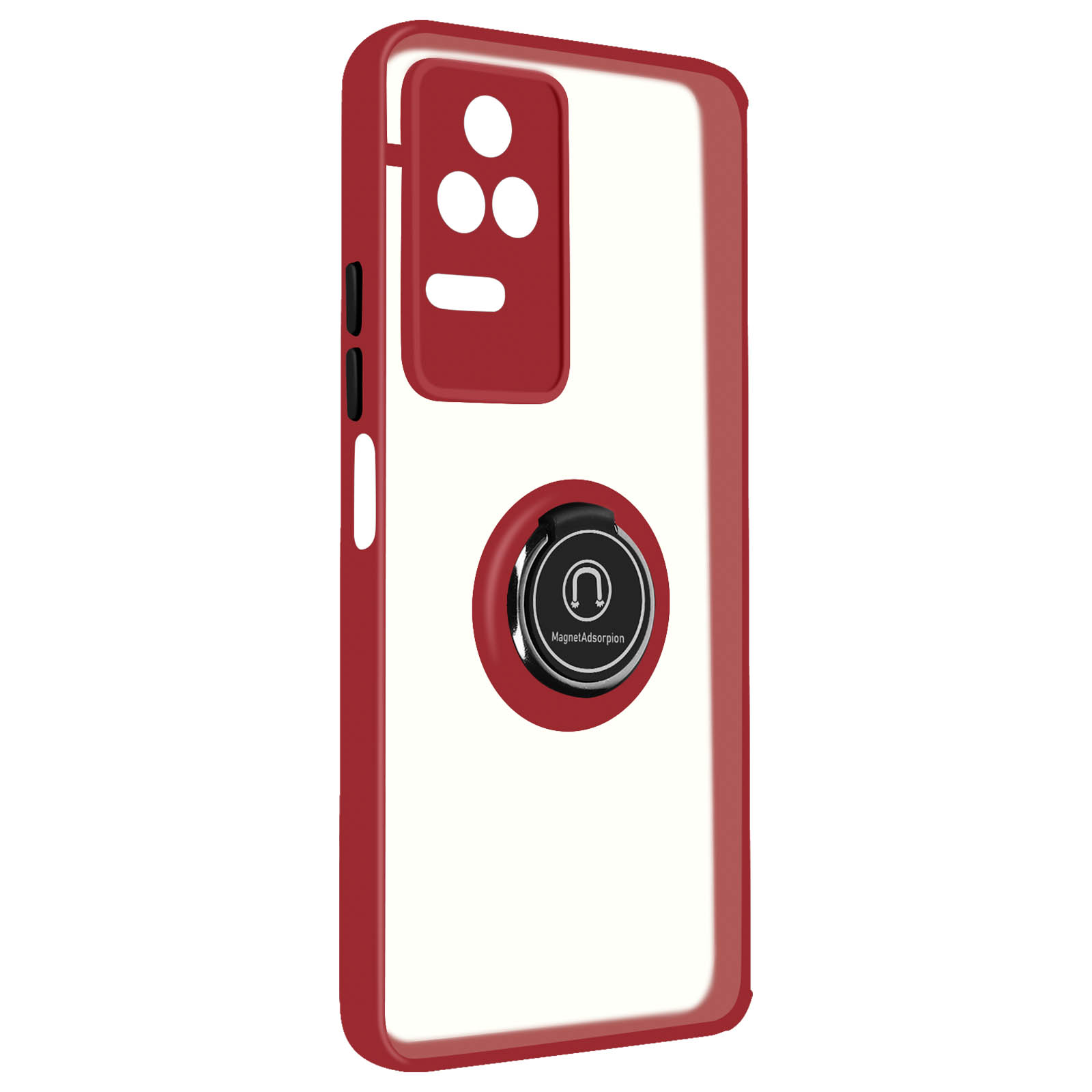 Custodia per telefono rossa con supporto ad anello argentato e ritagli per fotocamera. Sfondo bianco.