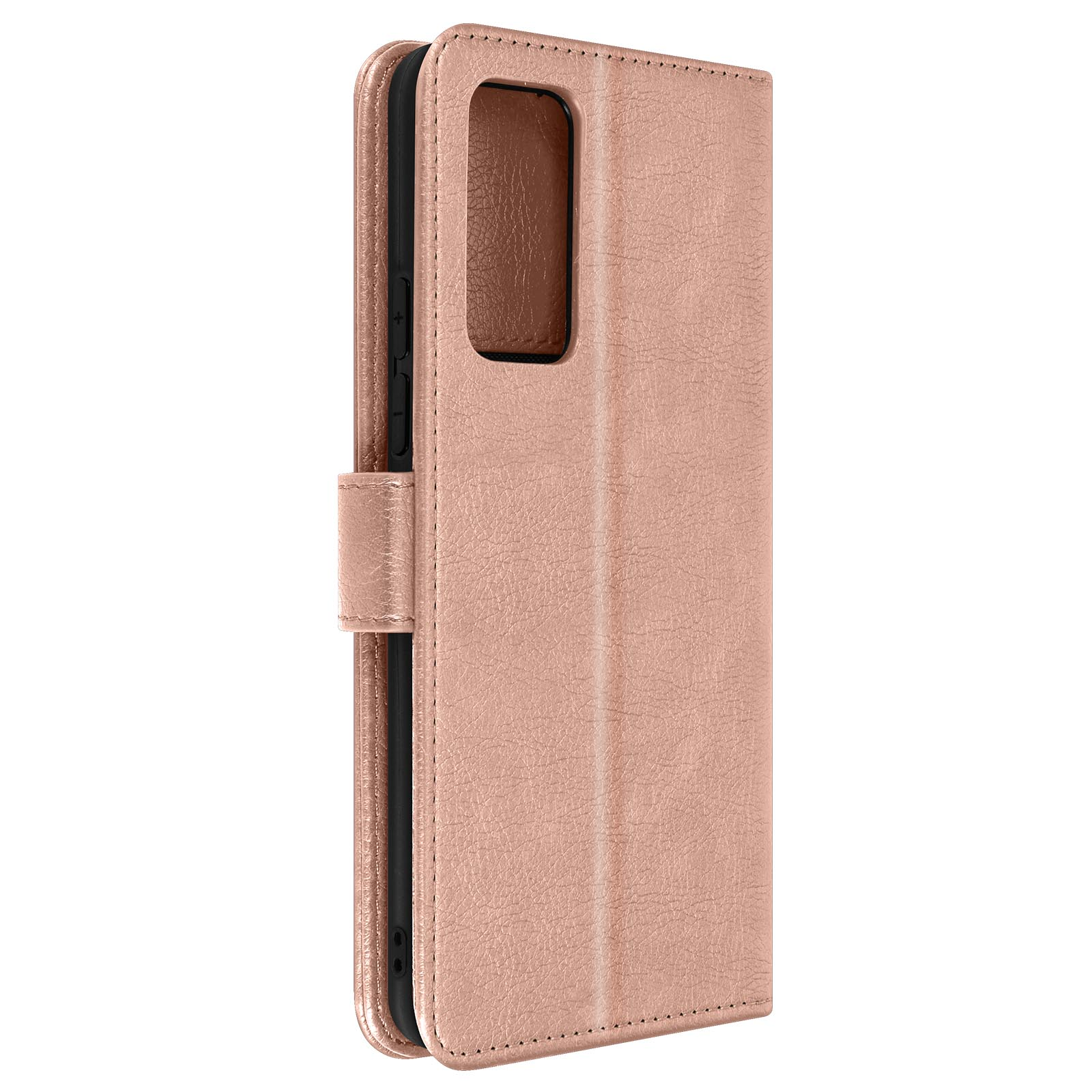 Un étui de téléphone rose, ouvert. Le téléphone est à l'intérieur. L'étui a un fermoir magnétique.