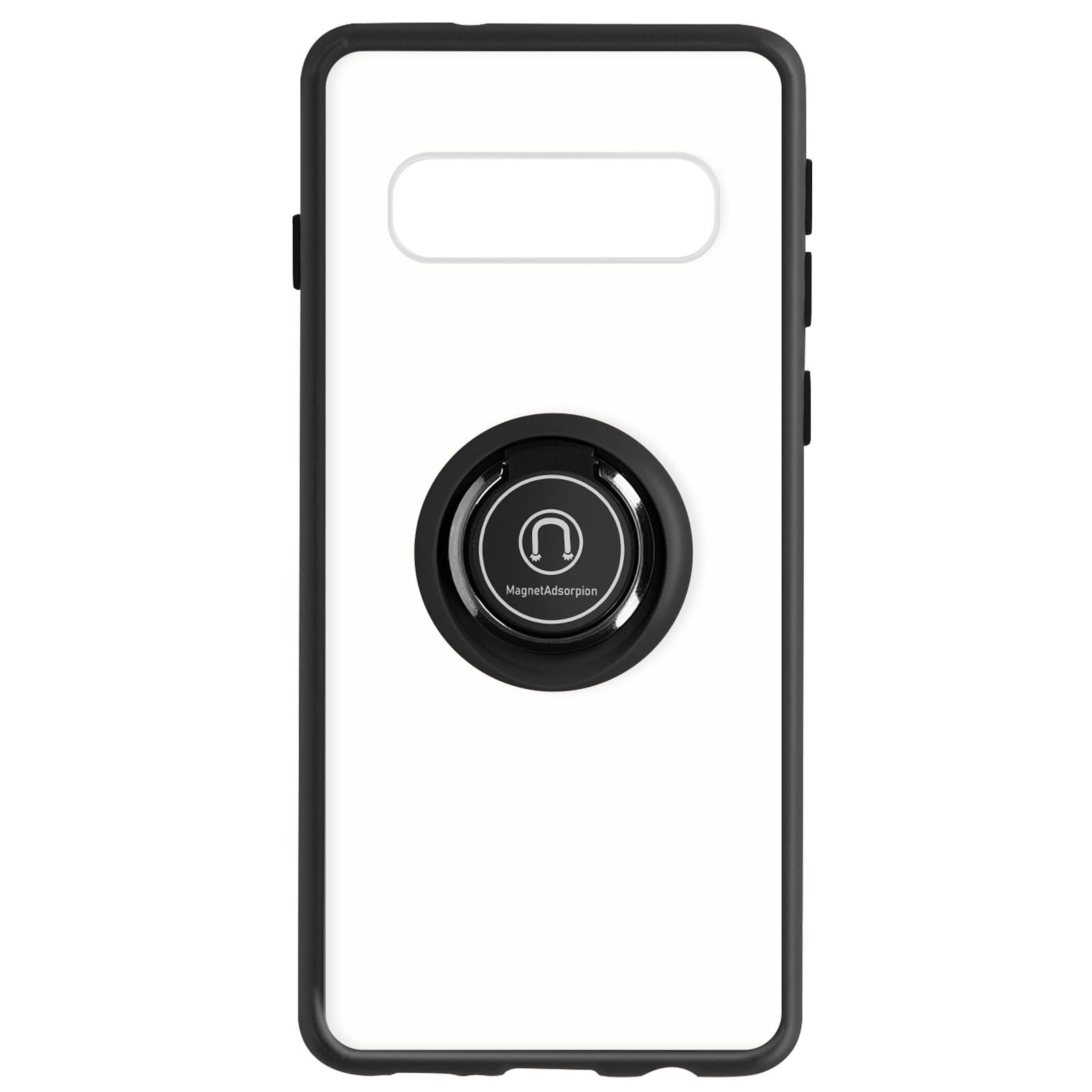 Custodia per telefono bianca con supporto ad anello nero, area fotocamera nera, su sfondo bianco.