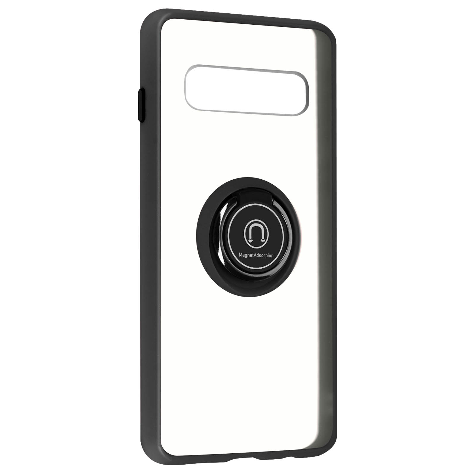 Una custodia bianca per telefono con un supporto ad anello nero sul retro, isolata su sfondo bianco.