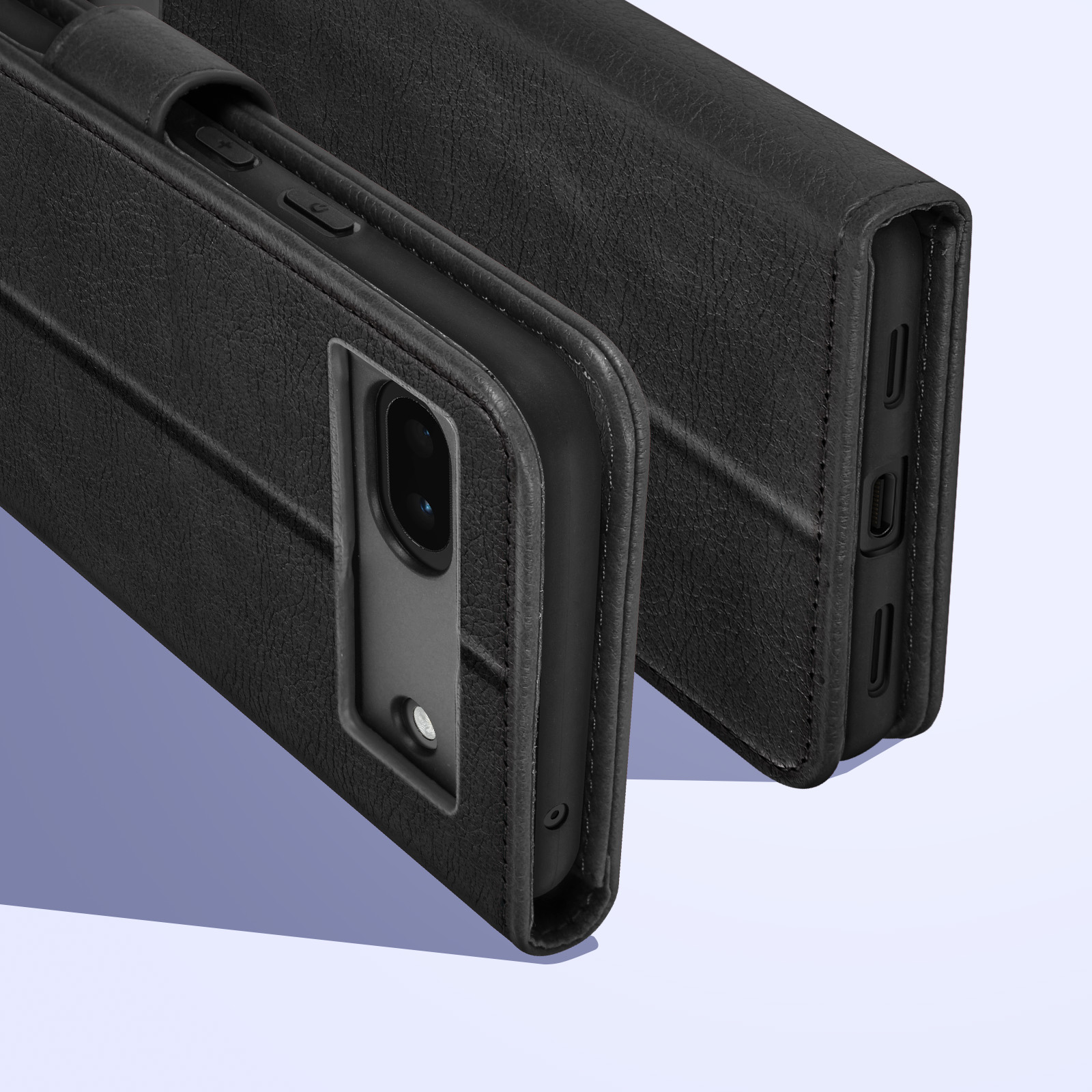 Schwarze Handyhülle mit Telefon darin. Lederartiges Material.