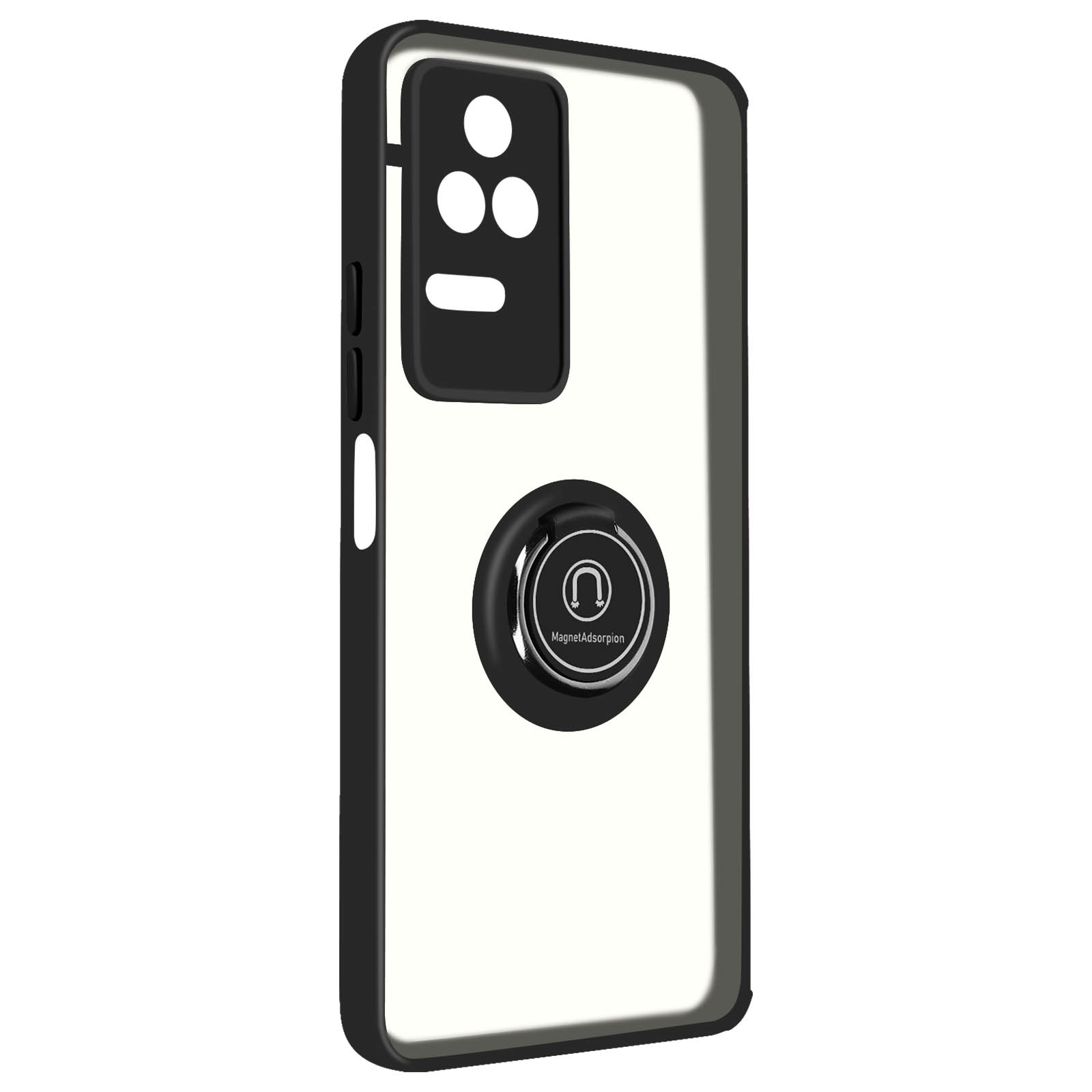 Una custodia per telefono con cornice nera e retro trasparente, e un'impugnatura ad anello al centro.