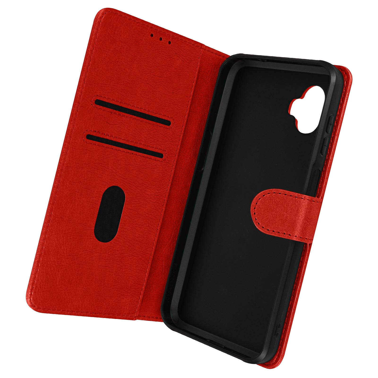 Coque de téléphone en cuir rouge avec support de téléphone noir. Ouverte, avec fentes et fermoir.