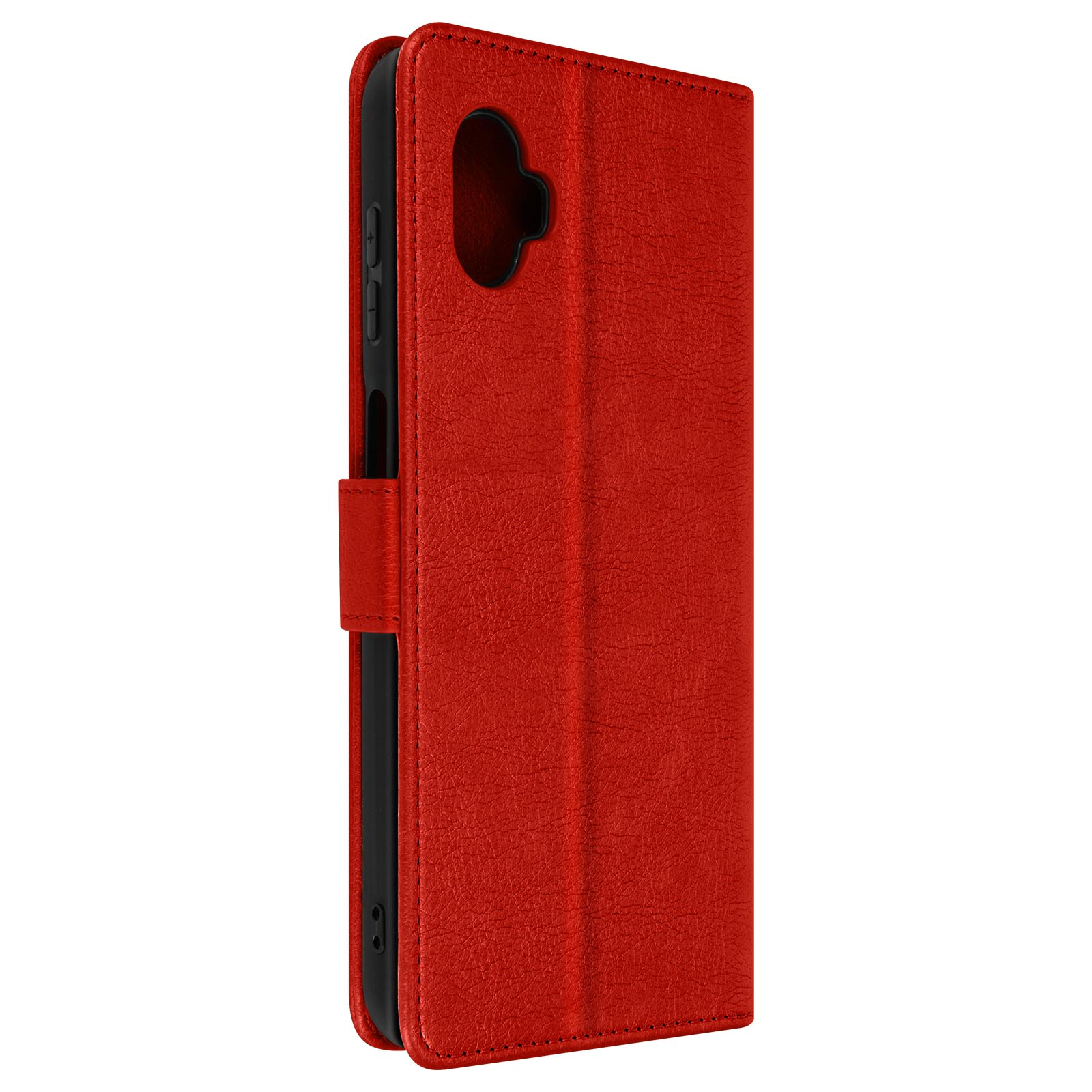 Un étui de téléphone rouge, fermé. Il a un intérieur noir et une fermeture magnétique.