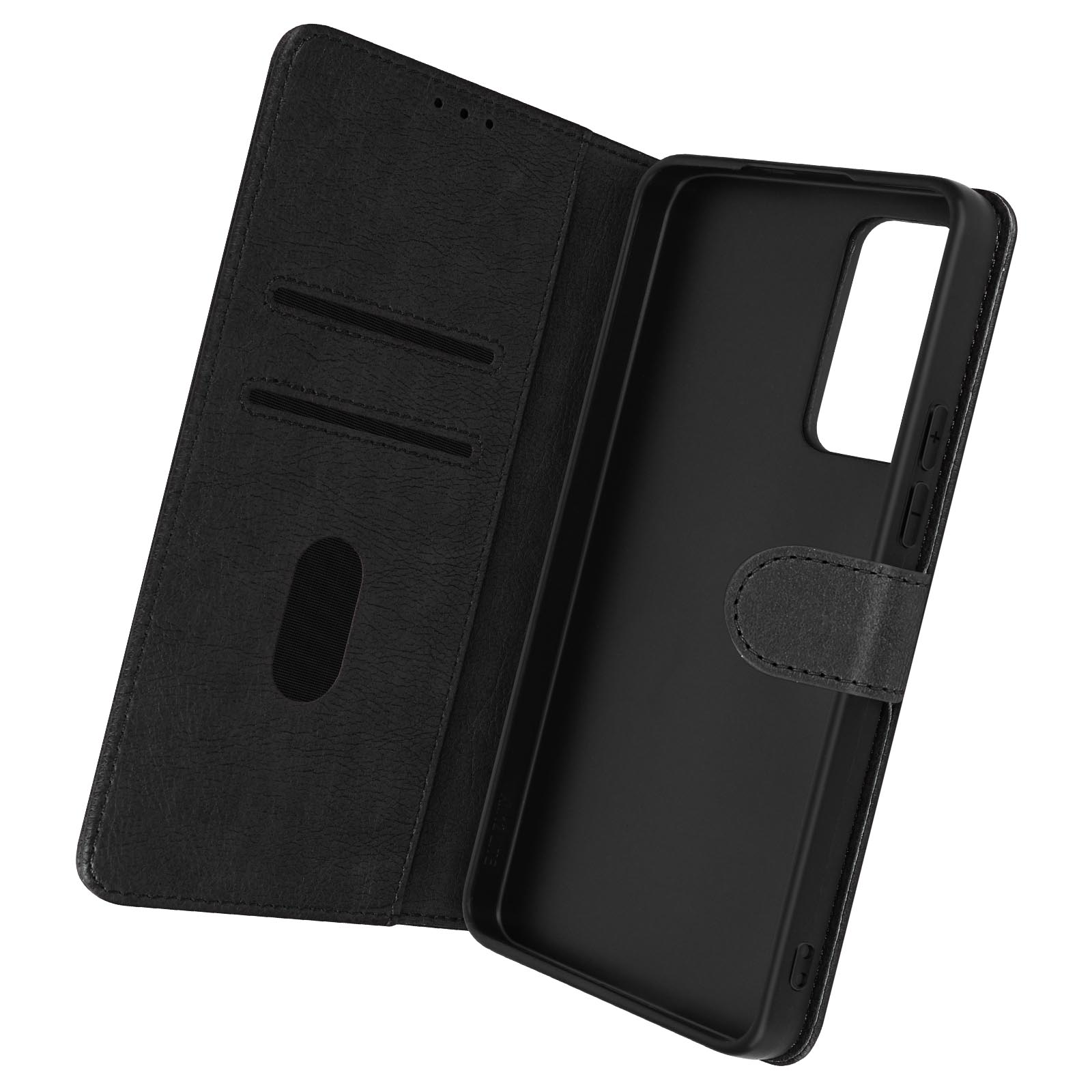 Un étui de téléphone noir ouvert. L'intérieur est noir. Isolé sur blanc.