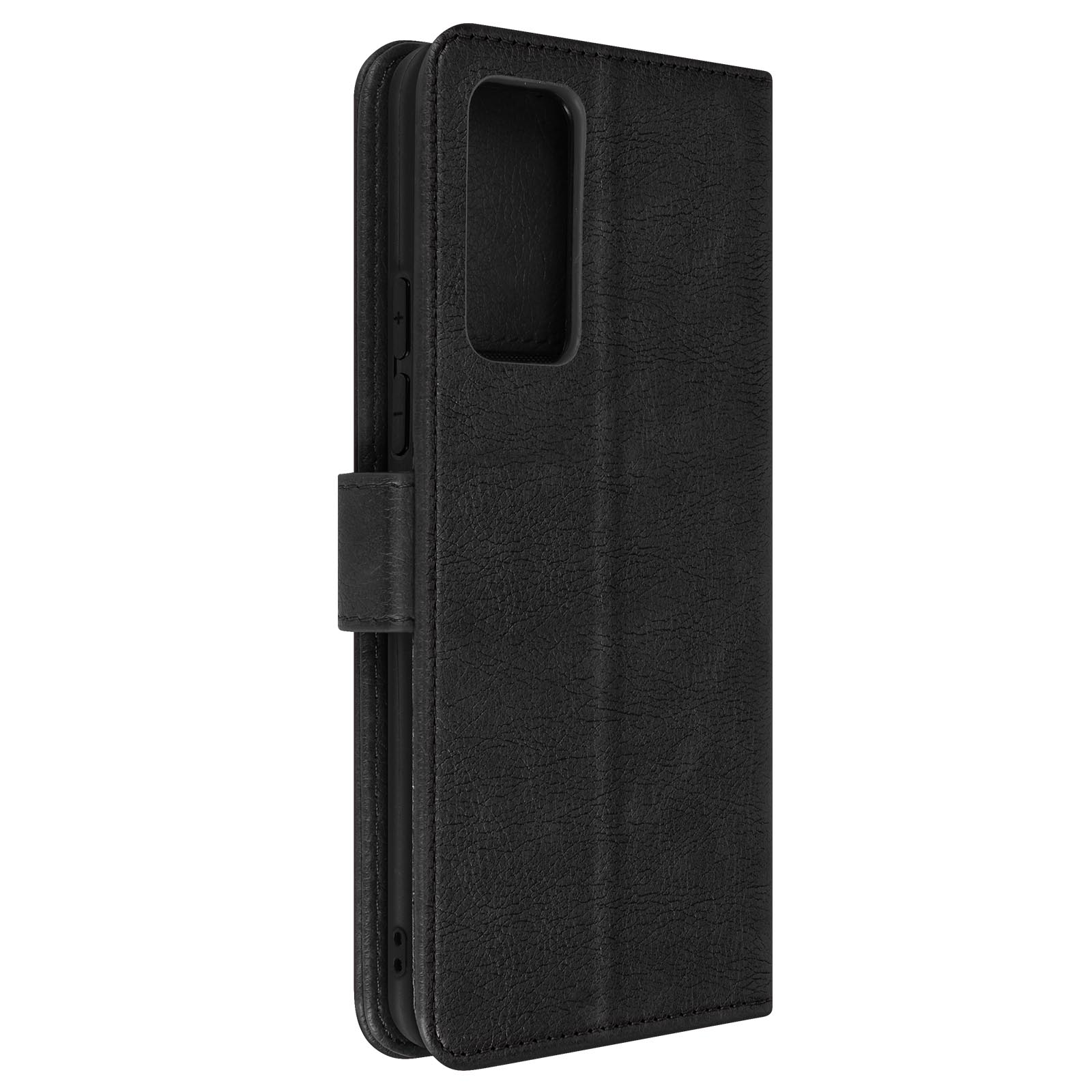 Étui de téléphone en cuir noir avec rabat et découpe pour l'appareil photo.