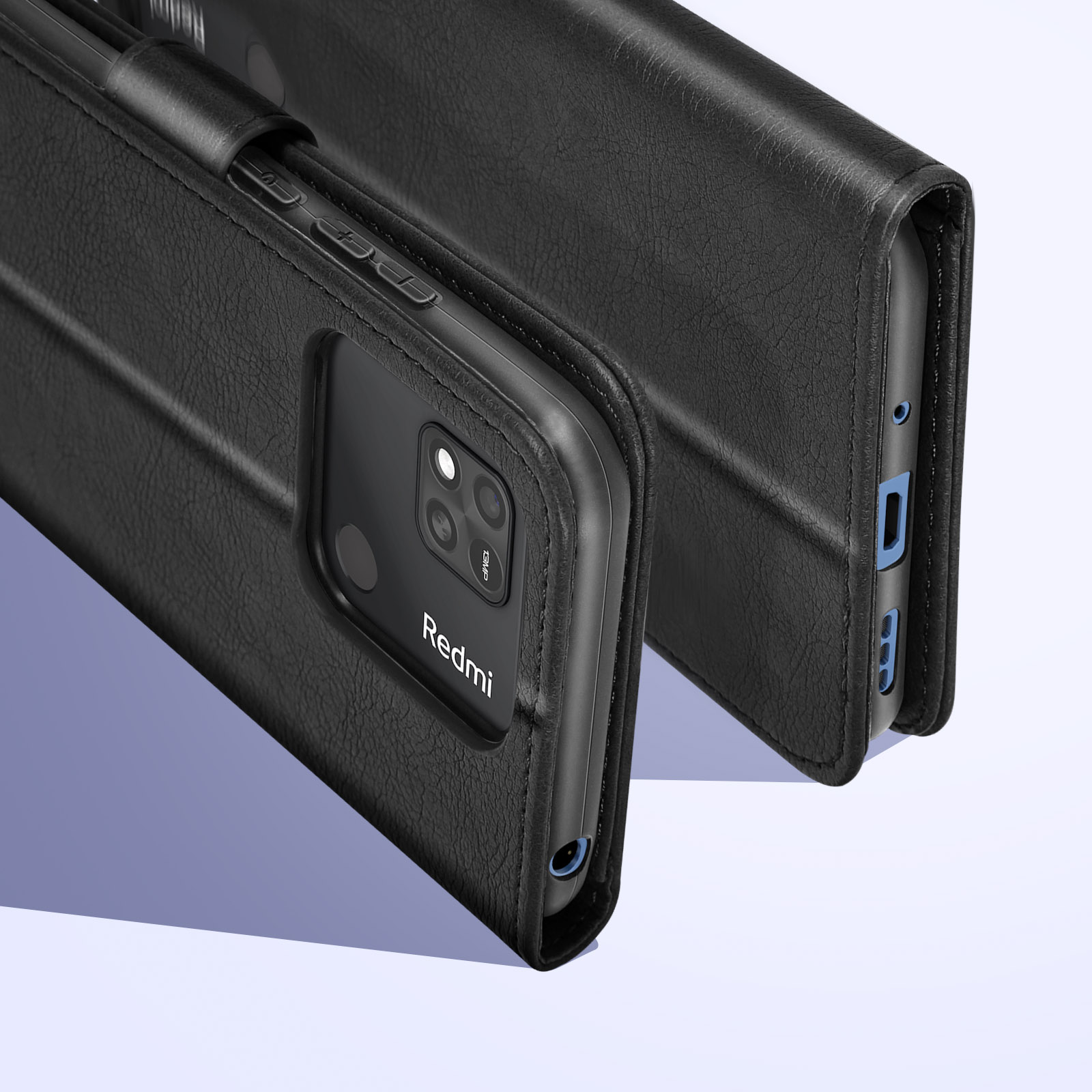 Custodia in pelle nera con telefono all'interno. Il telefono ha un logo Redmi e una fotocamera.