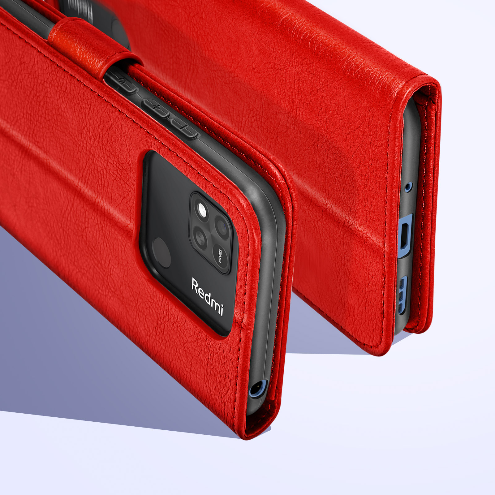 Rote Handyhülle mit Telefon, zeigt die Kamera.