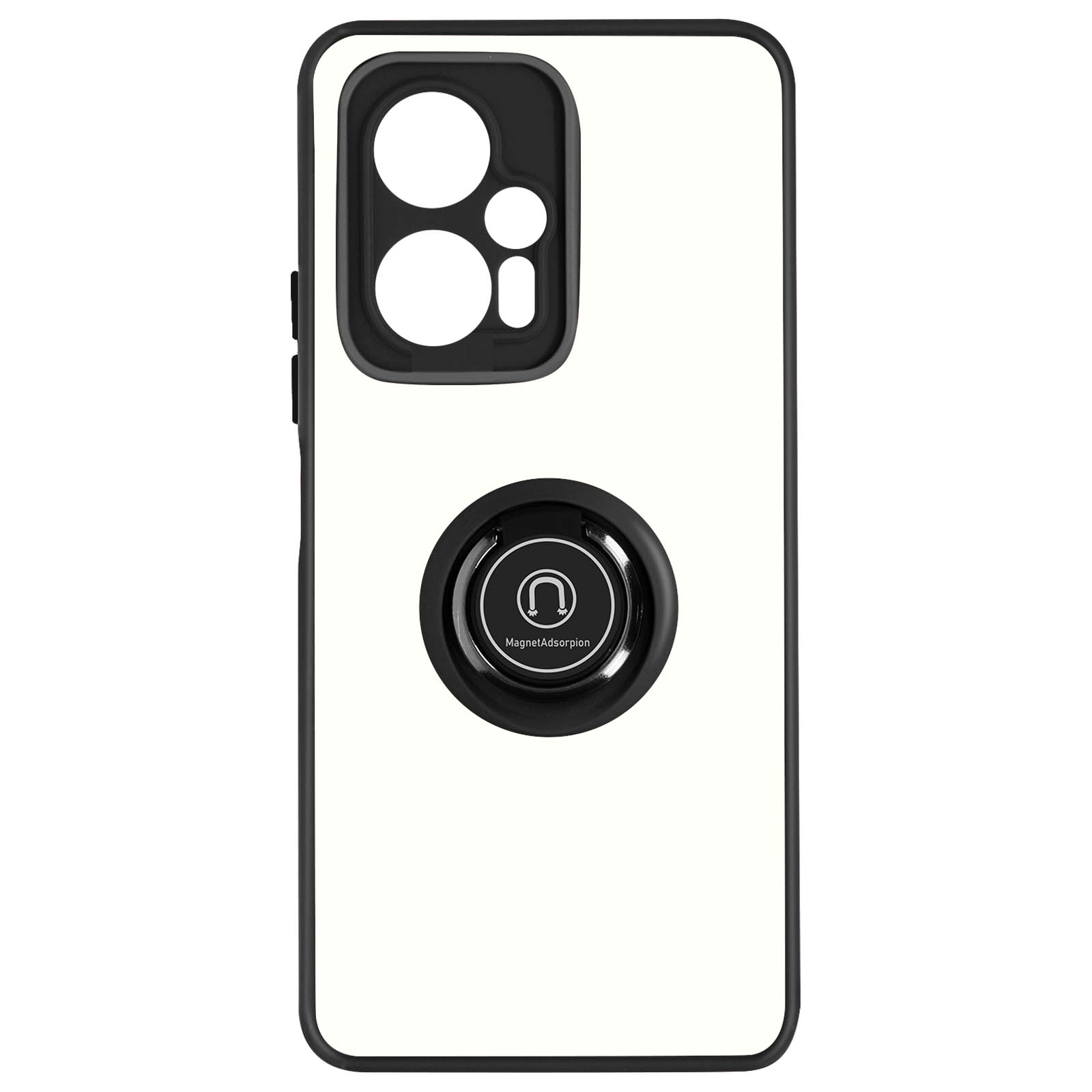 Weißes Telefongehäuse mit schwarzem Rahmen und Ringhalter. Schwarzer Ring mit Magnet.