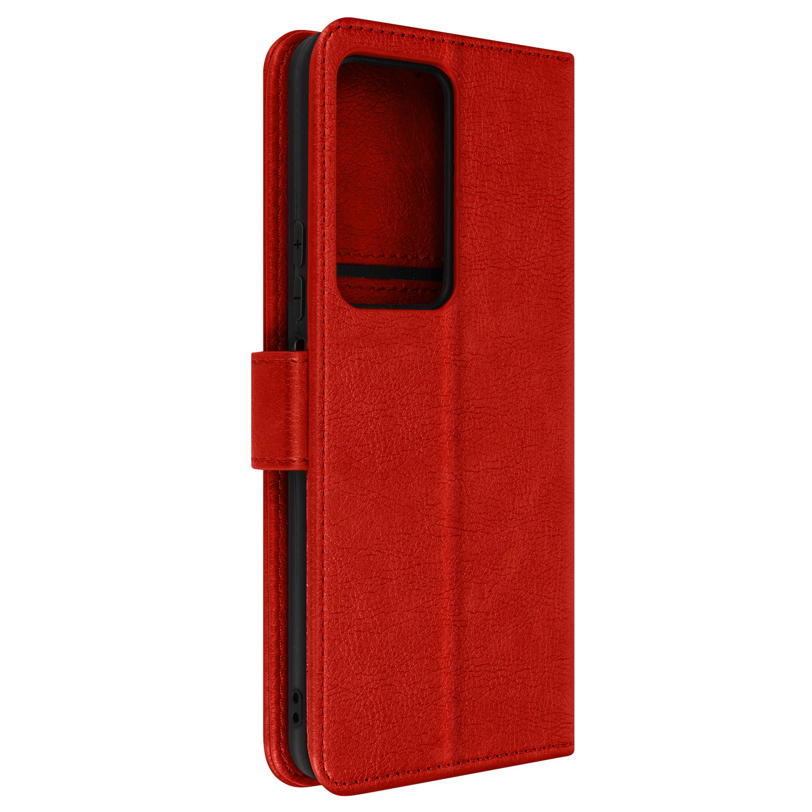 Custodia per telefono rossa, aperta. La custodia ha una chiusura magnetica e spazio per un telefono. Interno nero.