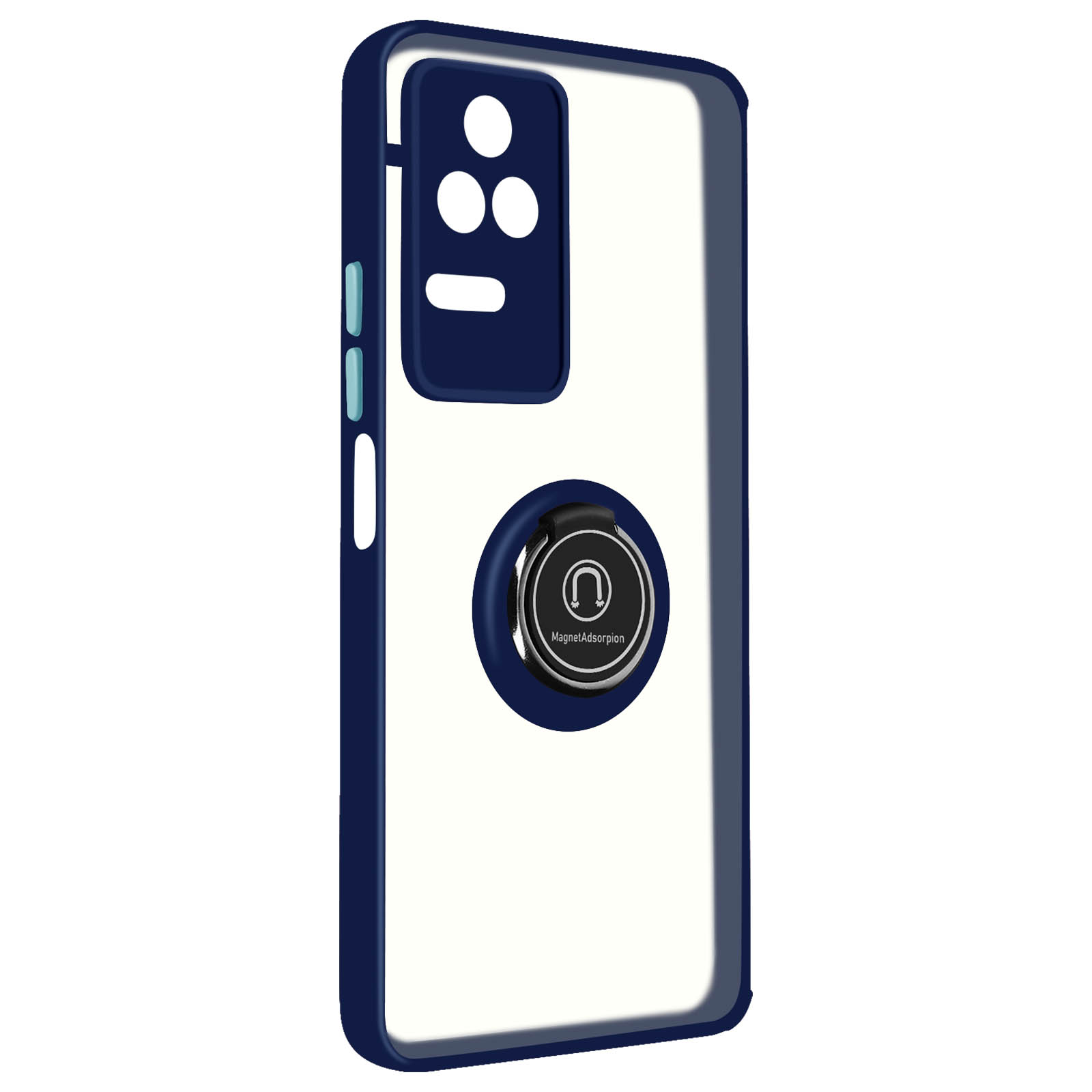 Custodia per telefono blu e trasparente con anello. Sfondo bianco semplice.
