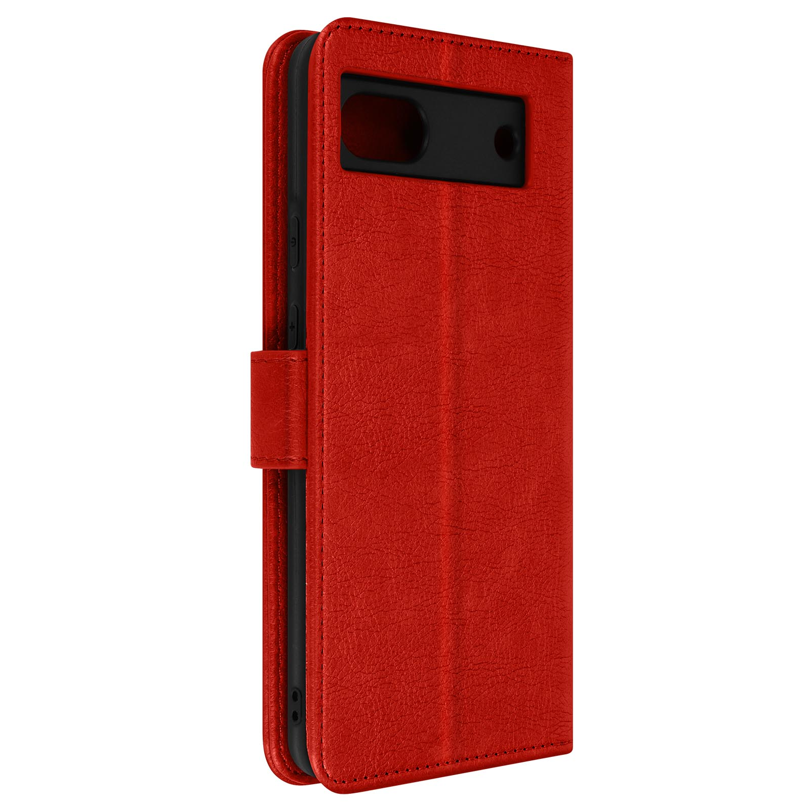 Étui de téléphone rouge. Il possède une section caméra noire et une fermeture magnétique. L'étui est fermé.