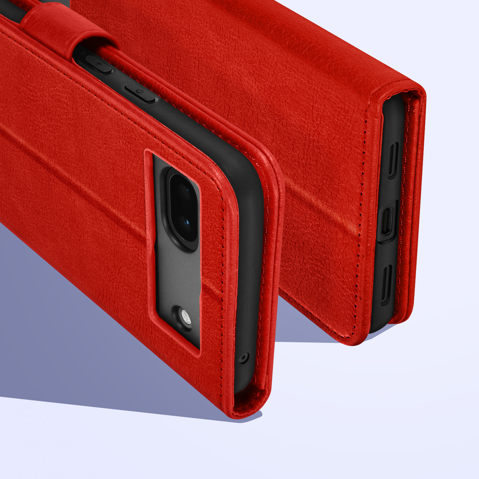 Gros plan sur un étui de téléphone rouge, montrant la découpe de la caméra. Le matériau ressemble à du cuir.