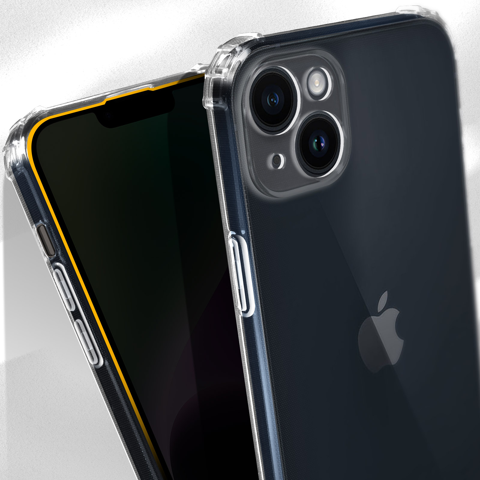 Due custodie per iPhone. Una è trasparente, l'altra è nera con bordo giallo.