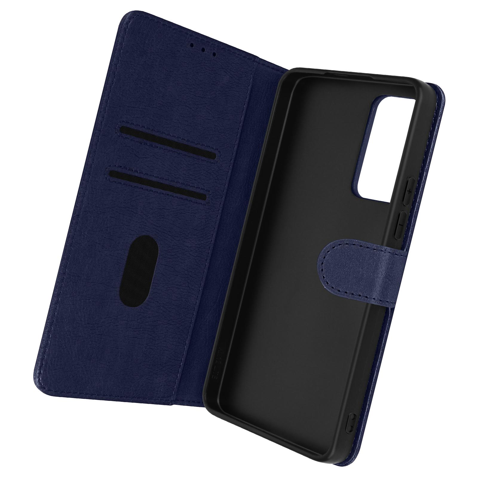 Étui de téléphone bleu ouvert. Extérieur bleu foncé, intérieur noir. Ouvert pour révéler la zone du téléphone.