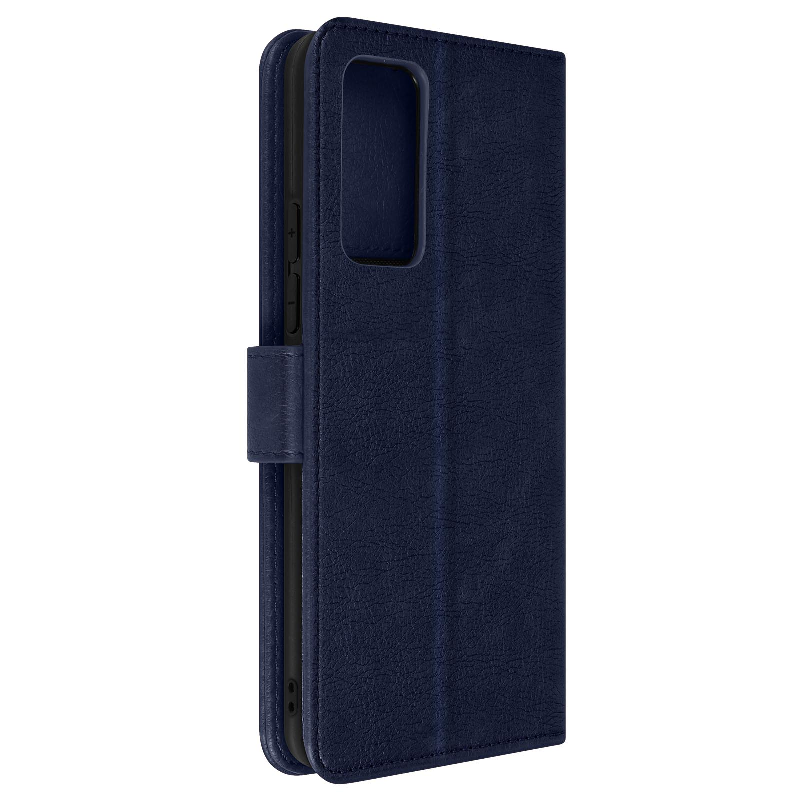 Étui de téléphone bleu marine, fermé, montrant l'avant et le côté avec une texture cuir, isolé sur blanc.