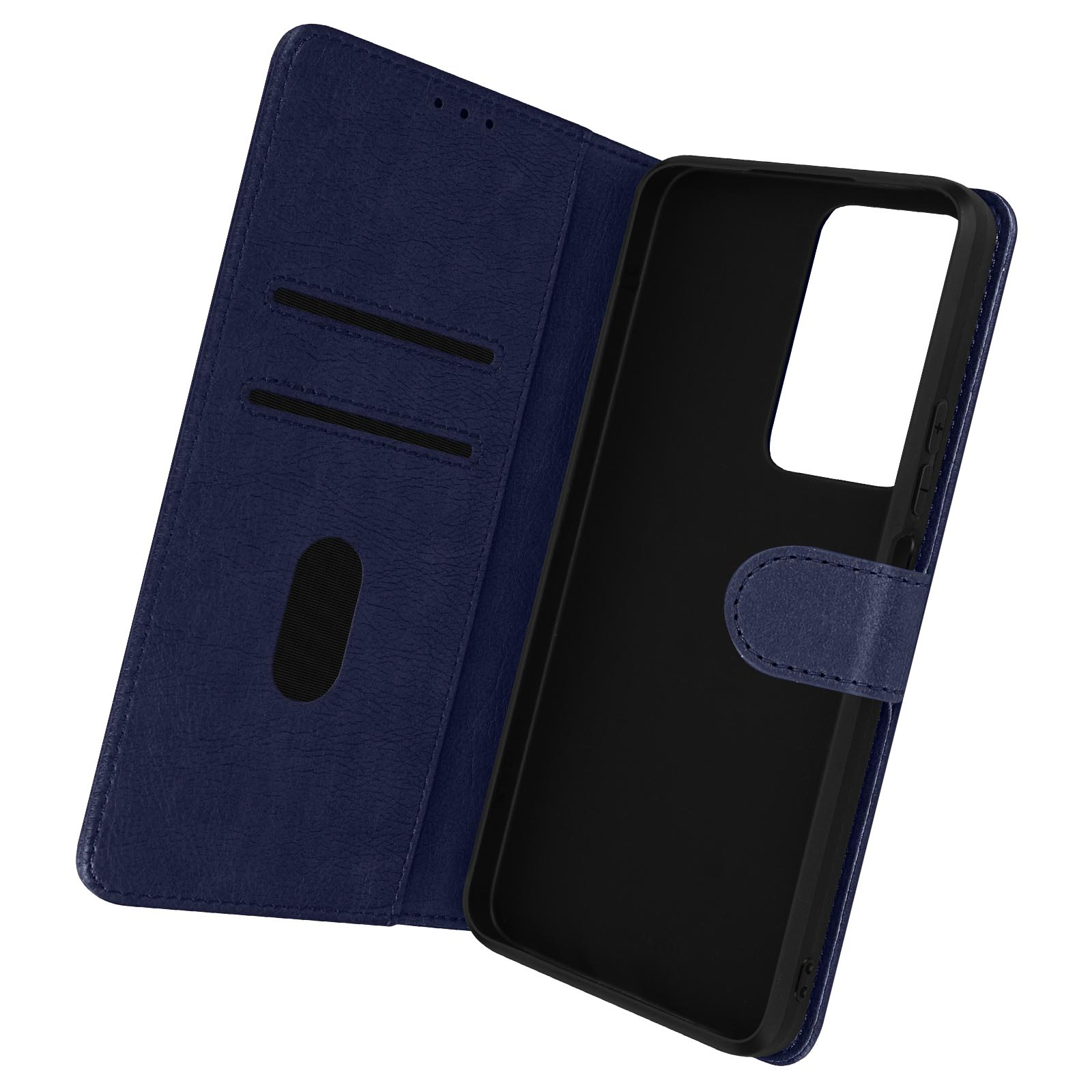 Un étui de téléphone bleu, ouvert, montrant un téléphone à l'intérieur.