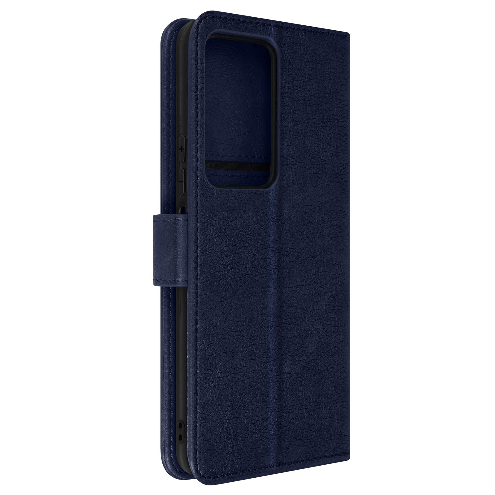 Étui de téléphone bleu foncé avec rabat. L'étui est fermé. Montre le bord avec des boutons.
