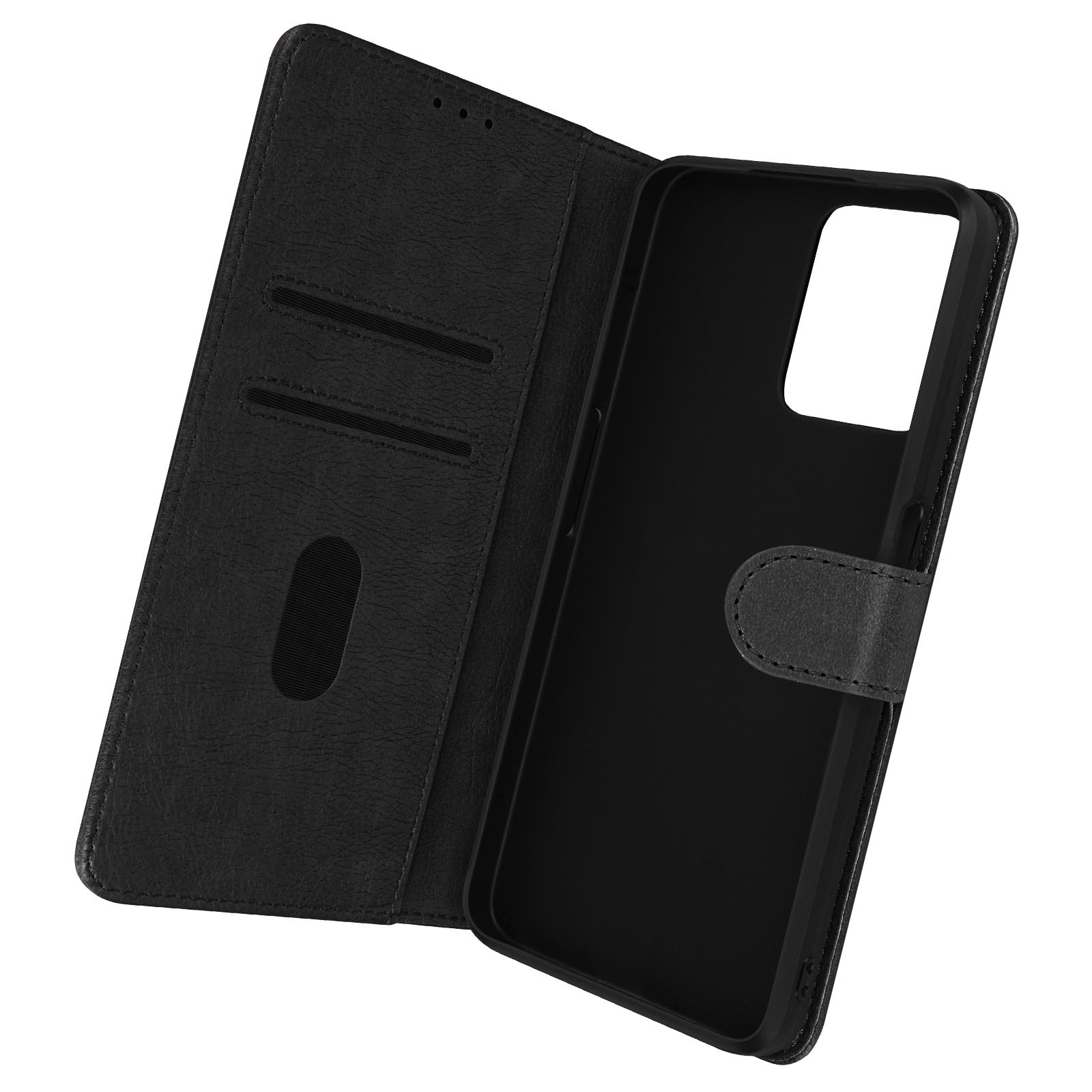 Custodia nera per telefono, aperta. Interno nero, con fessure per carte. Esterno nero, con chiusura.