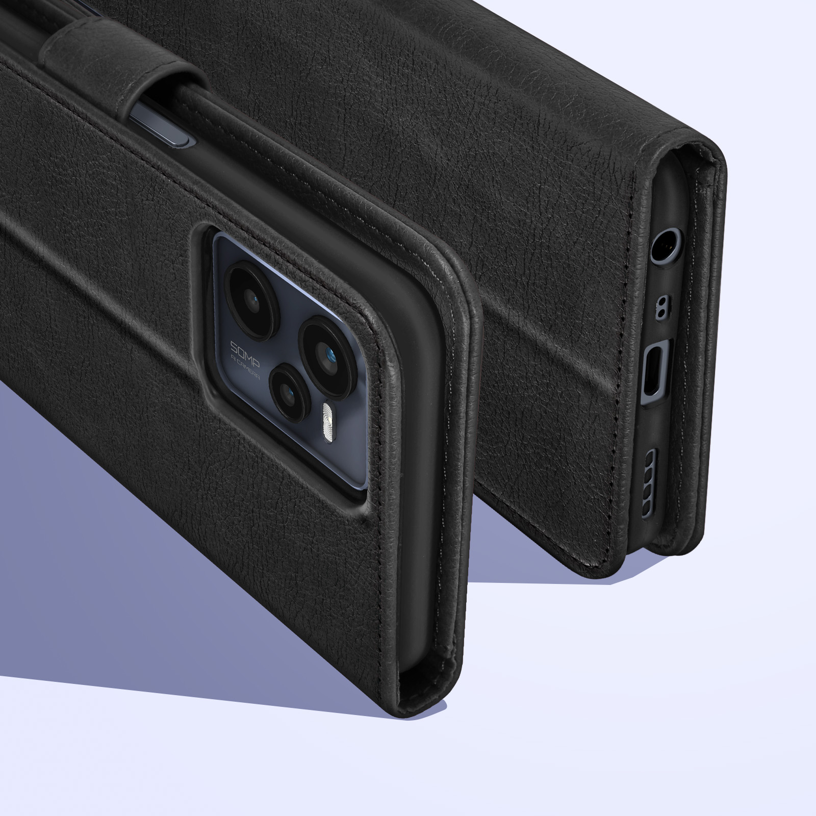 Custodia per telefono in pelle nera, aperta che mostra il telefono, con dettagli della fotocamera.