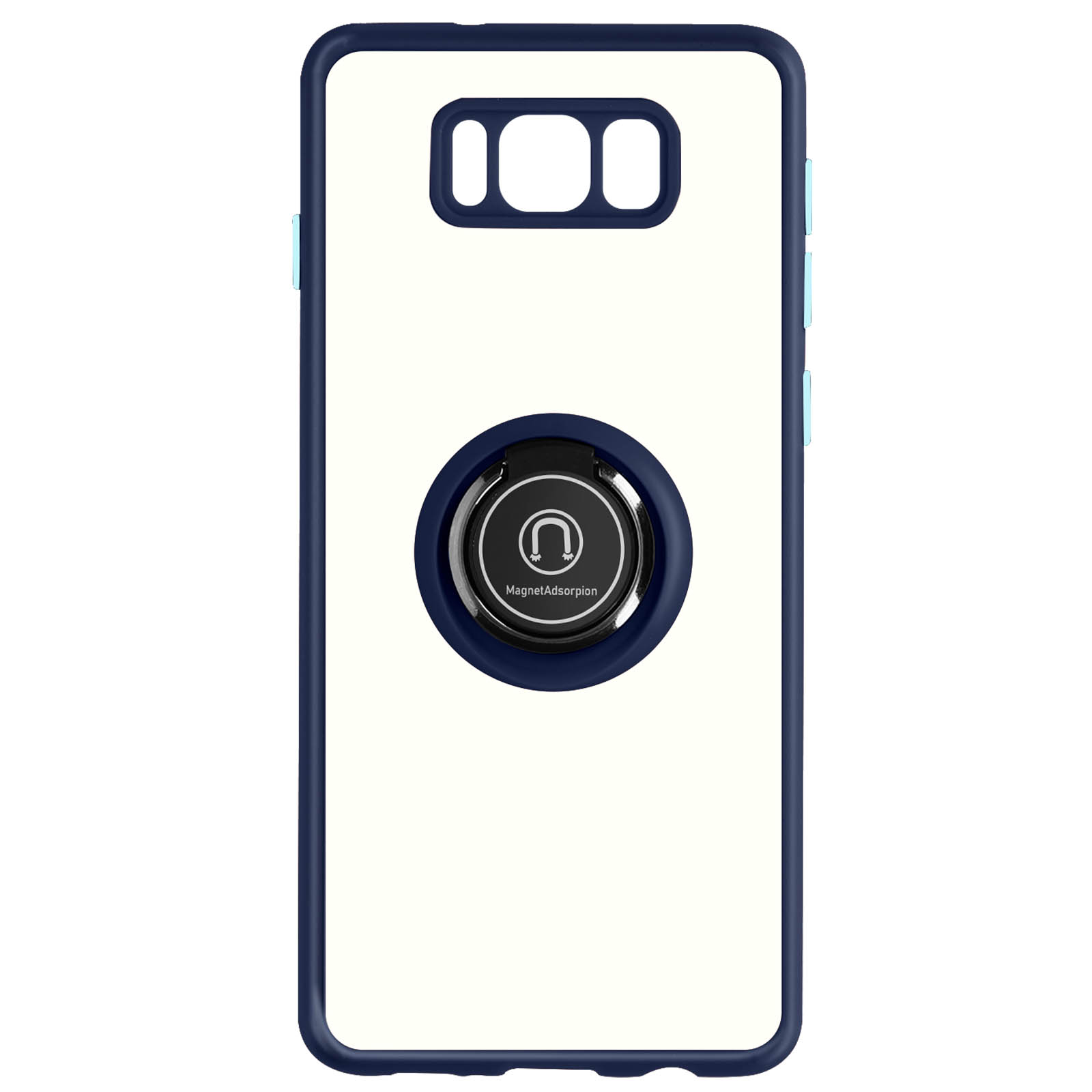 Une coque de téléphone blanche avec une bague et une bordure bleue, sur fond blanc.