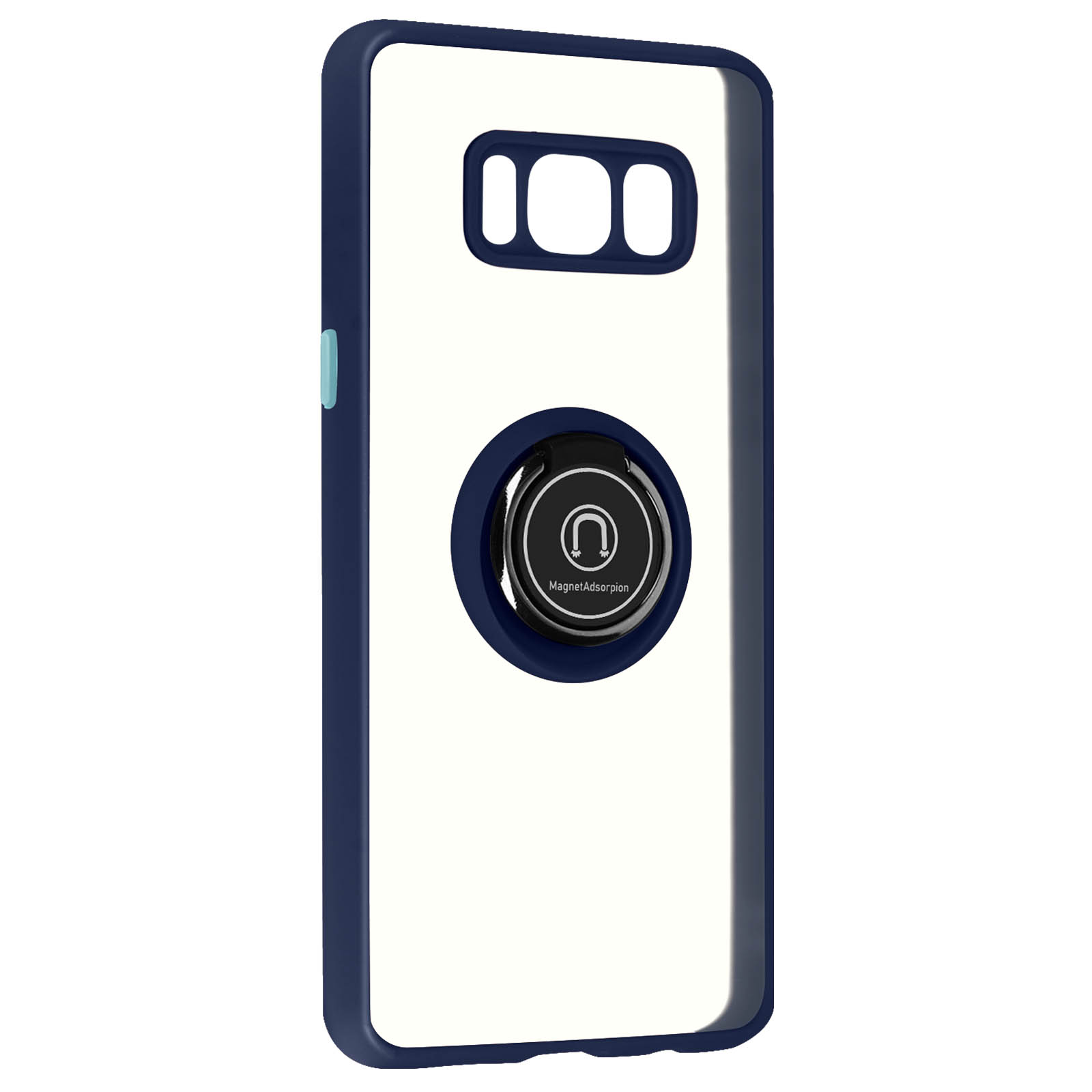 Een telefoonhoesje met een ringhouder. De hoes is blauw en wit, met een zwarte ring in het midden.